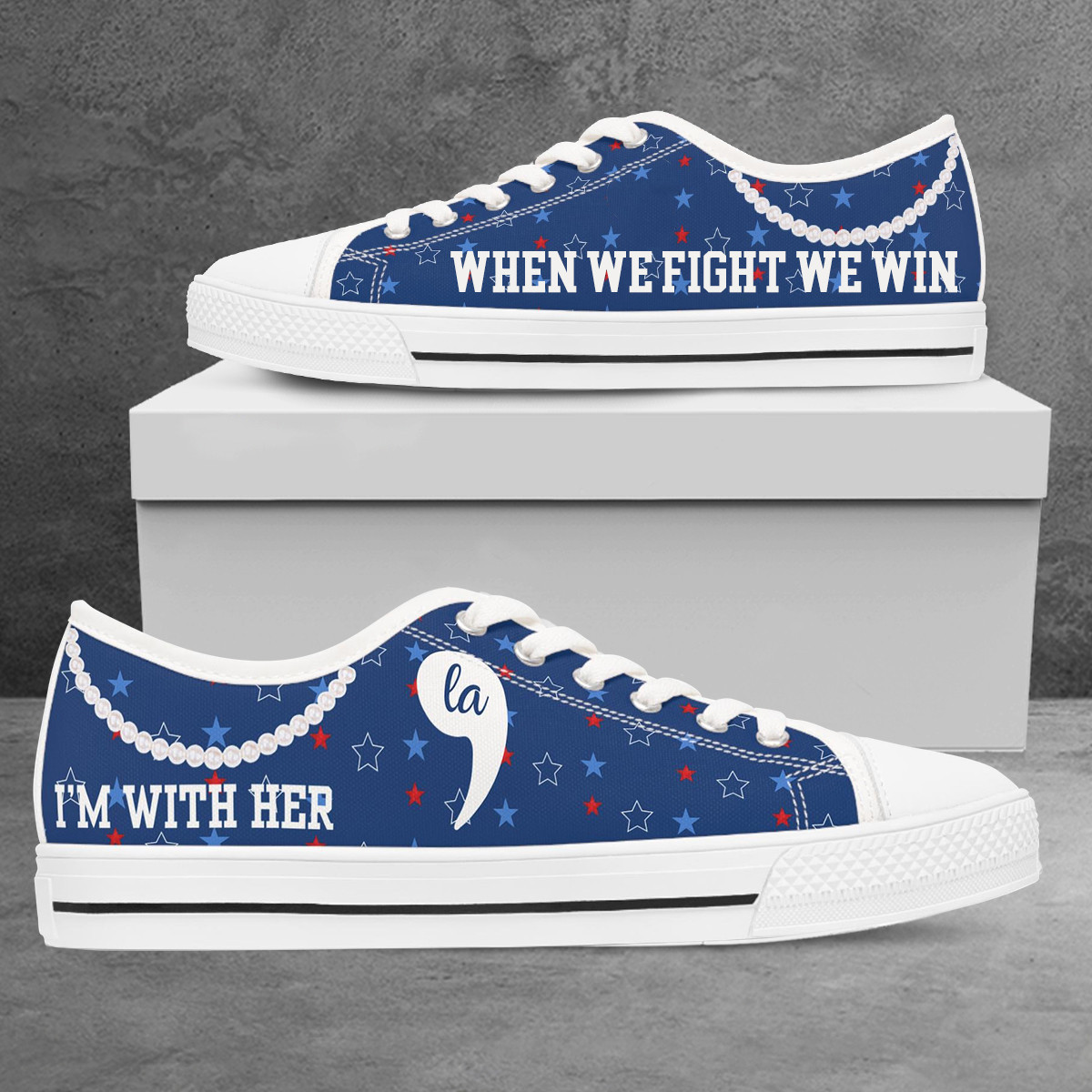 Kamala Harris I'm With Her Low Top Shoes Comma La Harris Walz When We Fight We Win Pearls Low Top Sneakers