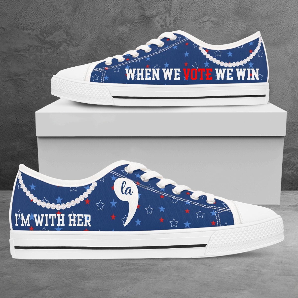 Kamala Harris I'm With Her Low Top Shoes Comma La Harris Walz When We Vote We Win Pearls Low Top Sneakers