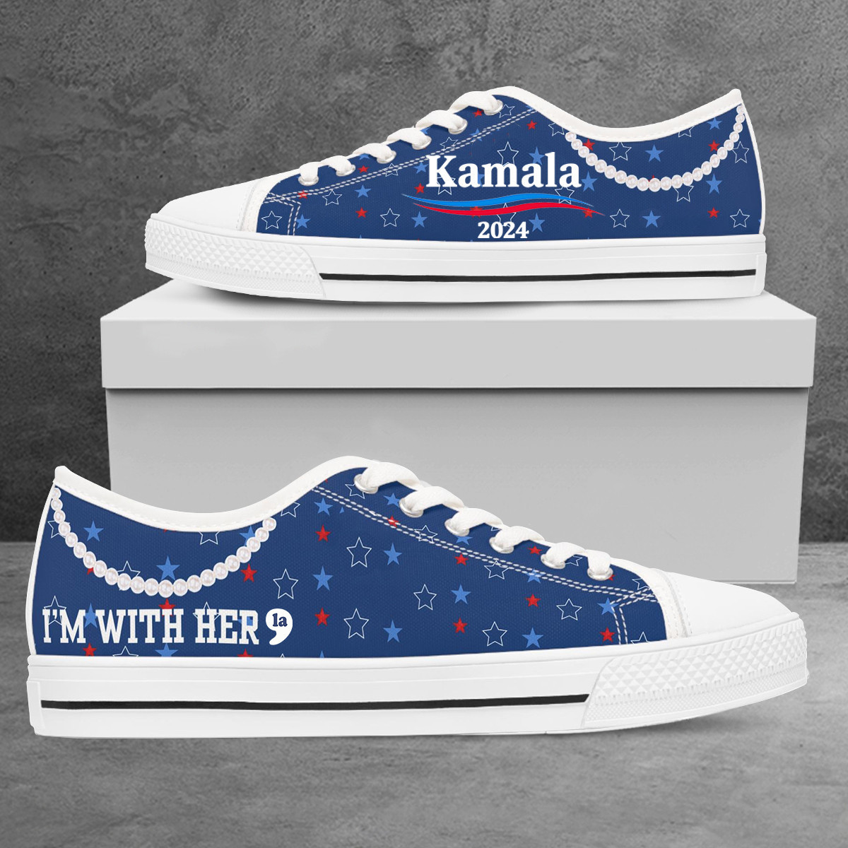 Kamala Harris I'm With Her Low Top Shoes Comma La Kamala 2024 Blue Wave Cats Pearls Low Top Sneakers