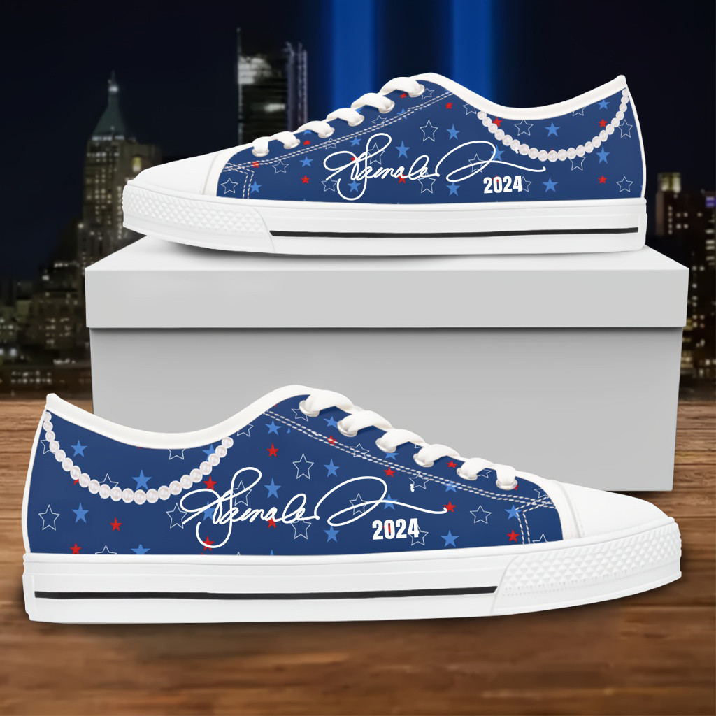 Kamala Harris Signature 2024 Vote Blue Low Top Sneakers Kamala Harris Pearls Blue Low Top Shoes