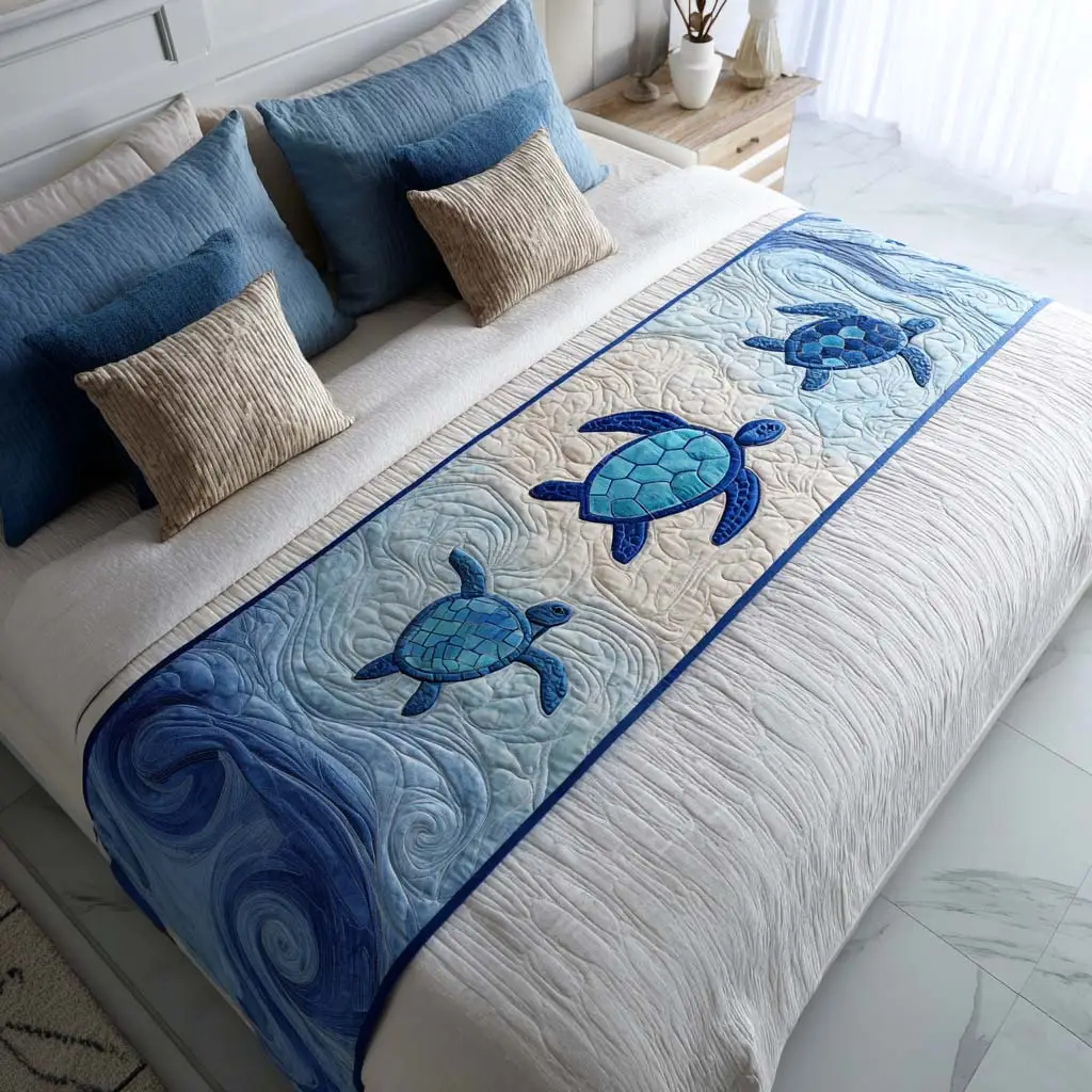 Keeper of the Tides Quilted Bed Runner Tide Keeper Sea Turtle Ocean Gift