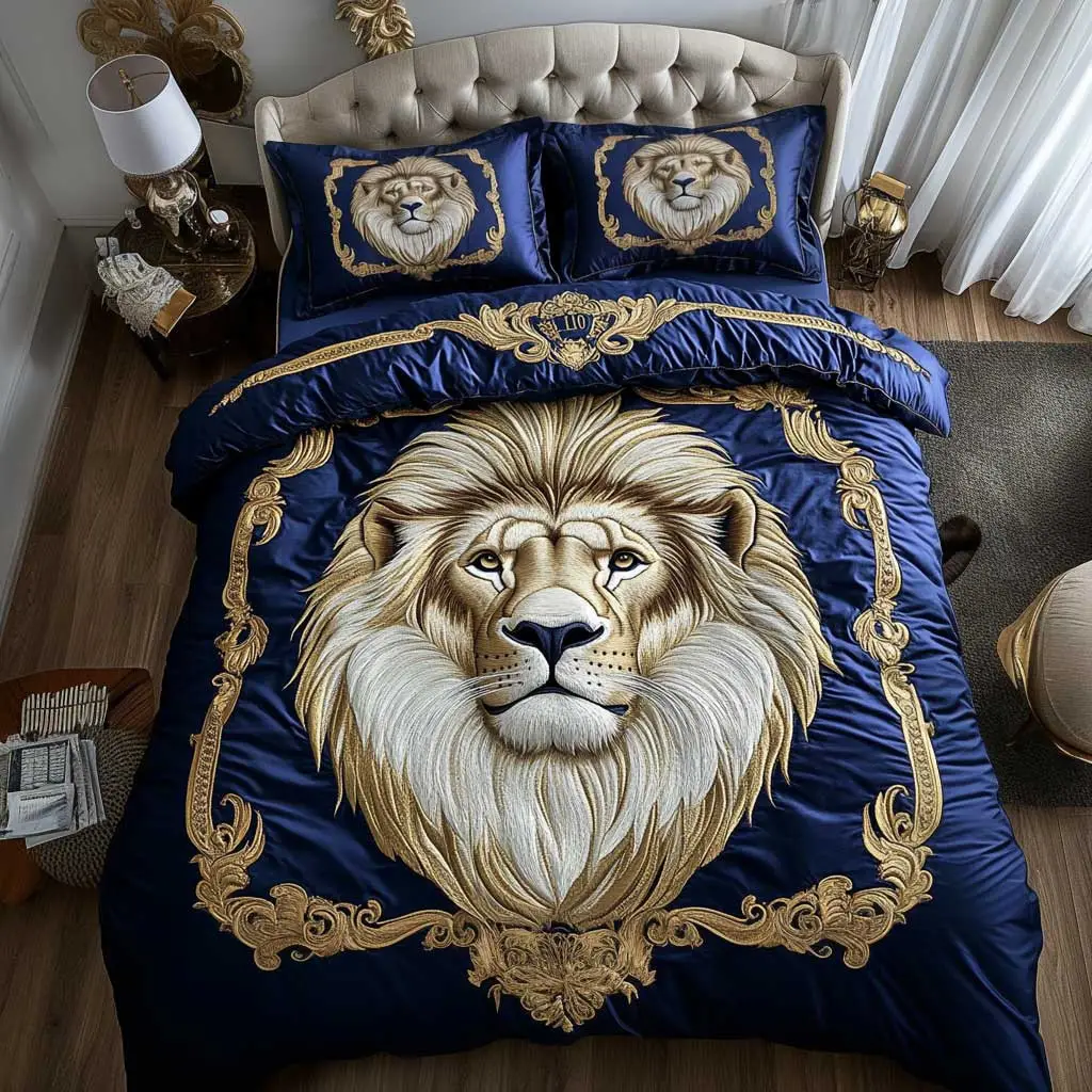 King's Lion Quilted Bedding Set Duvet Cover Bedspread Presents For Men