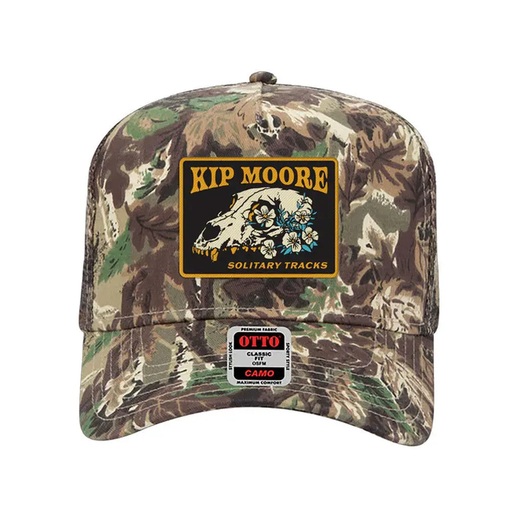 Kip Moore Merch Tour 2025 Camo Skull Trucker Hat Embroidered Music Related Gifts For Guys -WearandDecor