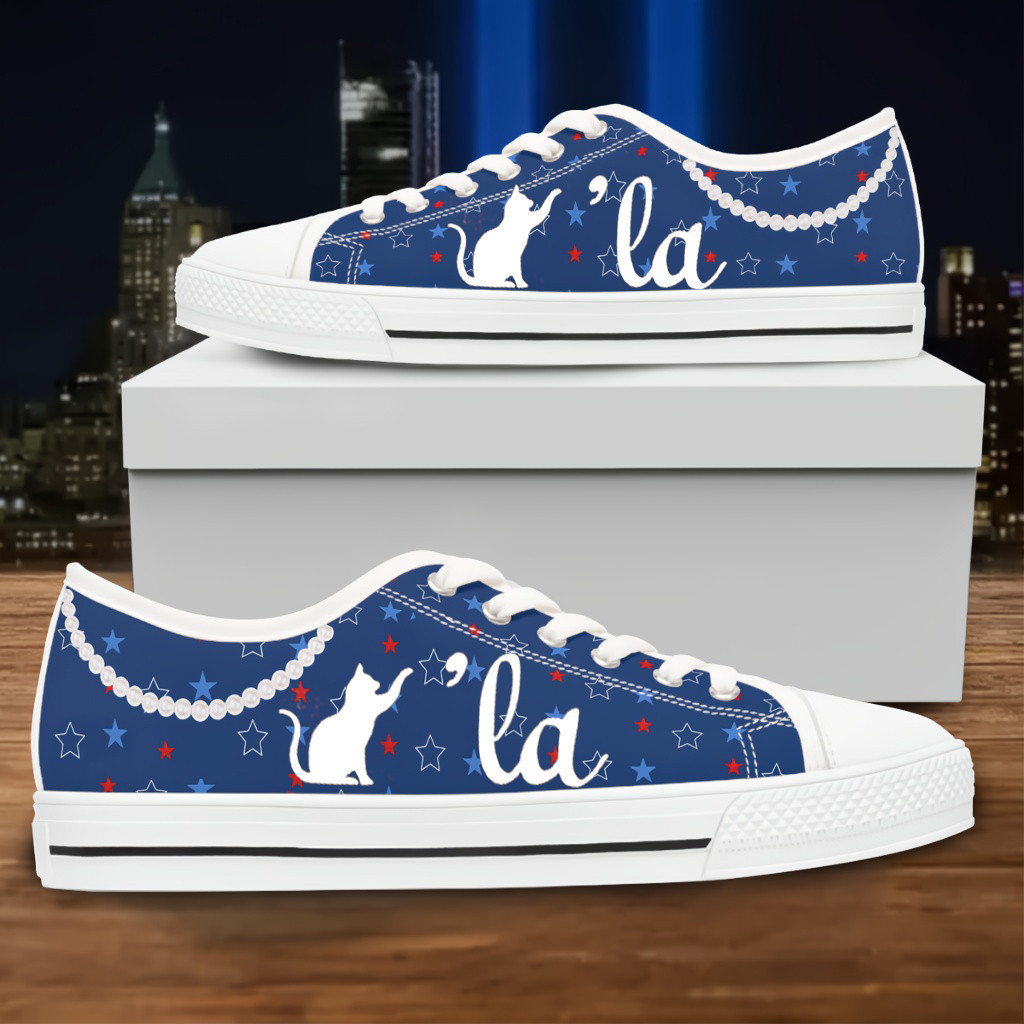 Kitty With Comma La ,la Vote Blue Low Top Sneakers Kamala Harris Pearls Blue Low Top Shoes