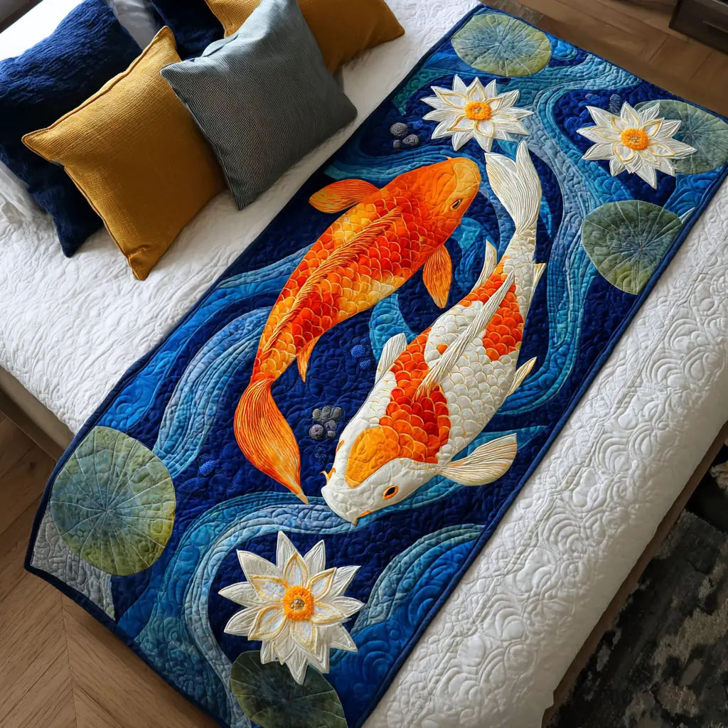 Koi Dreams Quilted Bed Runner Koi Pond Dreams Zen-Inspired Home Gift