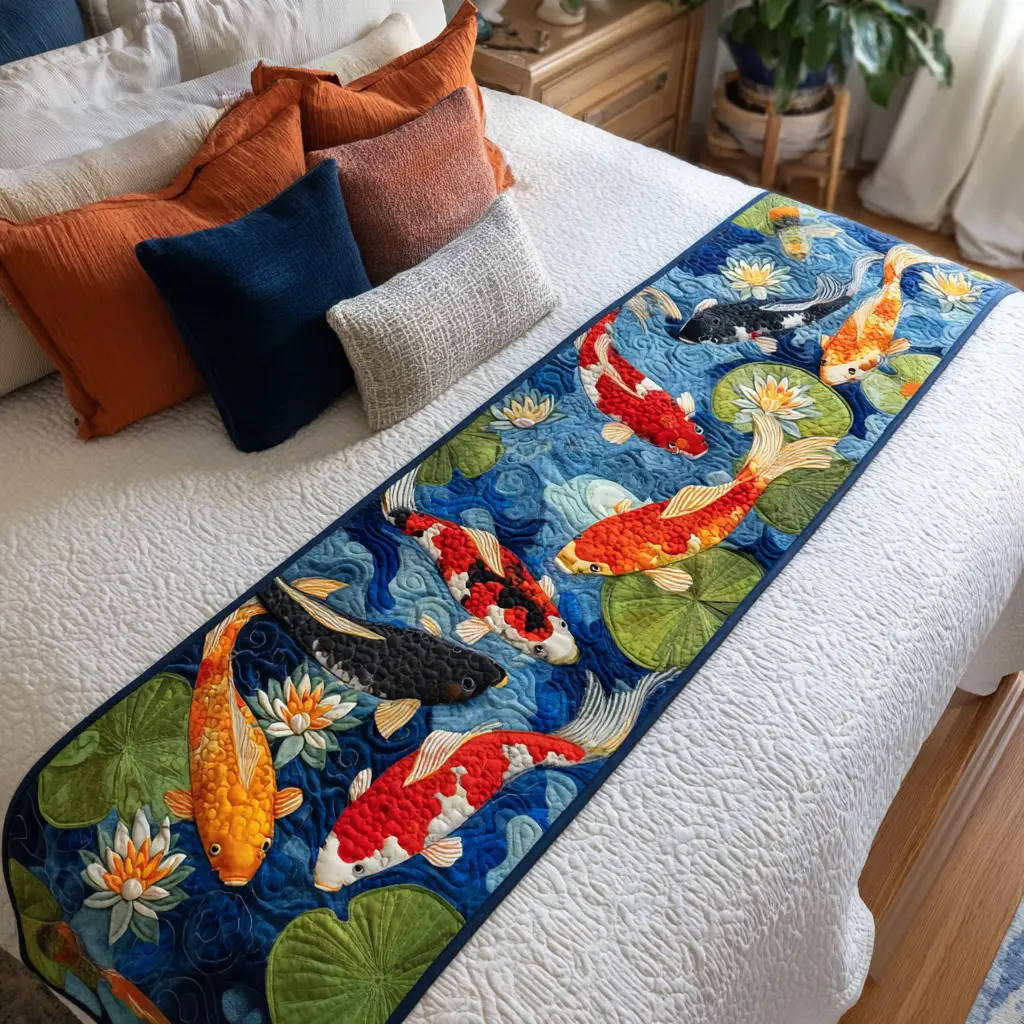 Koi Dreamy Quilted Bed Runner Dreamy Koi Flow Artistic Home Gift