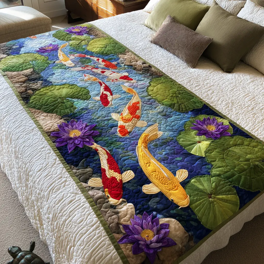 Koi Flow Quilted Bed Runner Koi Pond Serenity Gift for Nature Lovers