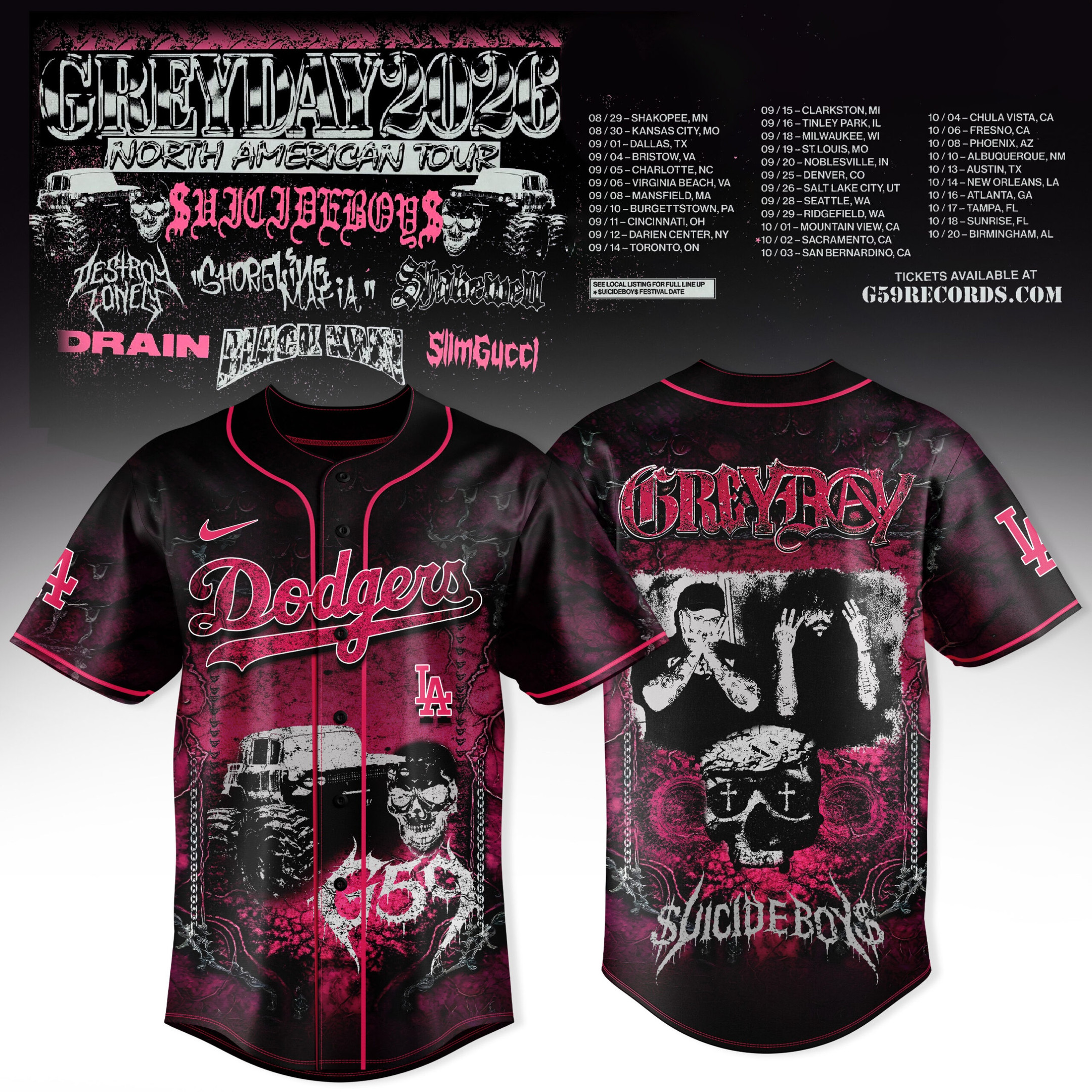 La Dodgers Mlb X Grey Day 2026 Pink Chaos Jersey Suicideboys Greyday Tour Merch Music Lover Gift