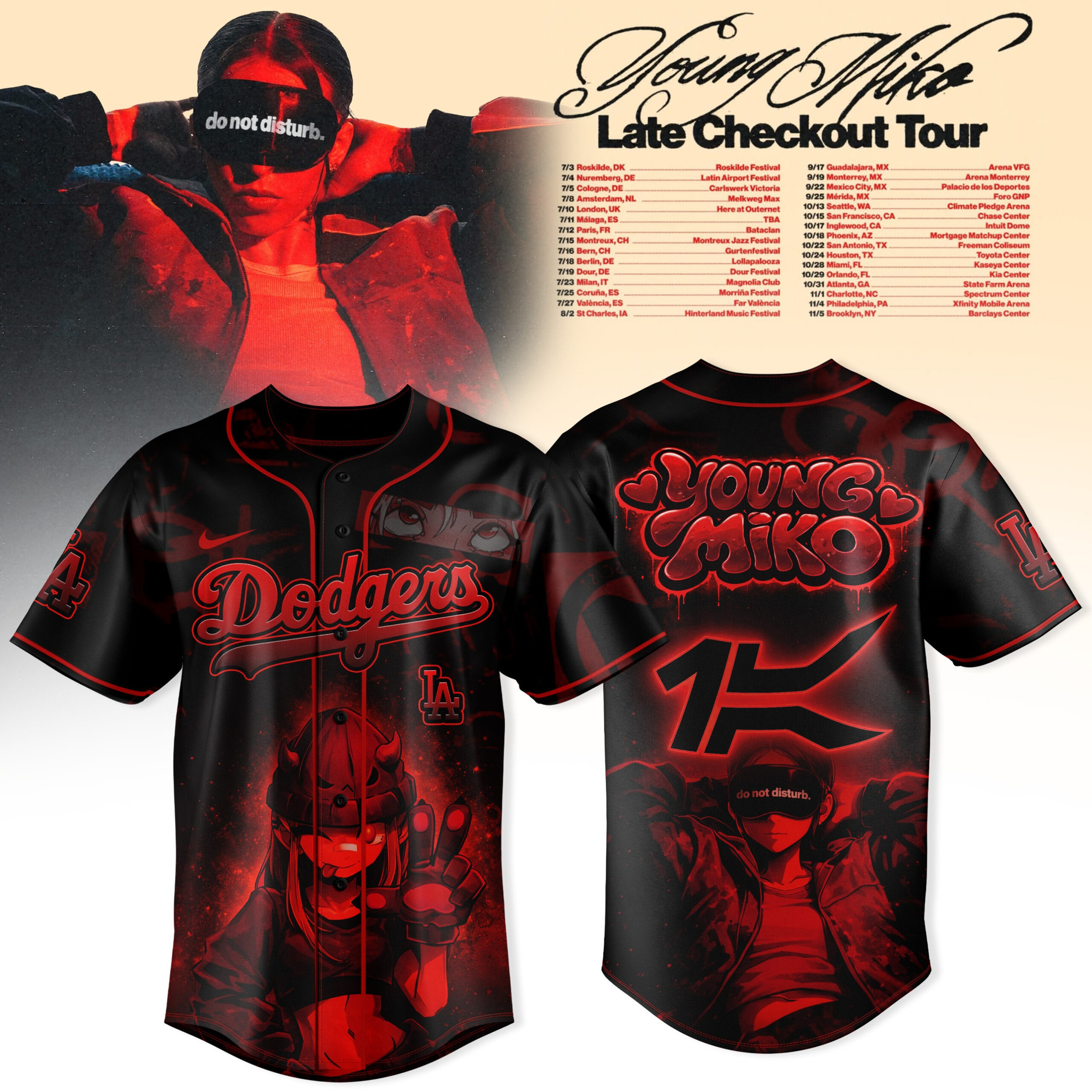 LA Dodgers MLB X Late Checkout Tour 2026 Jersey Young Miko Dodgers Merch Music Lover Gift