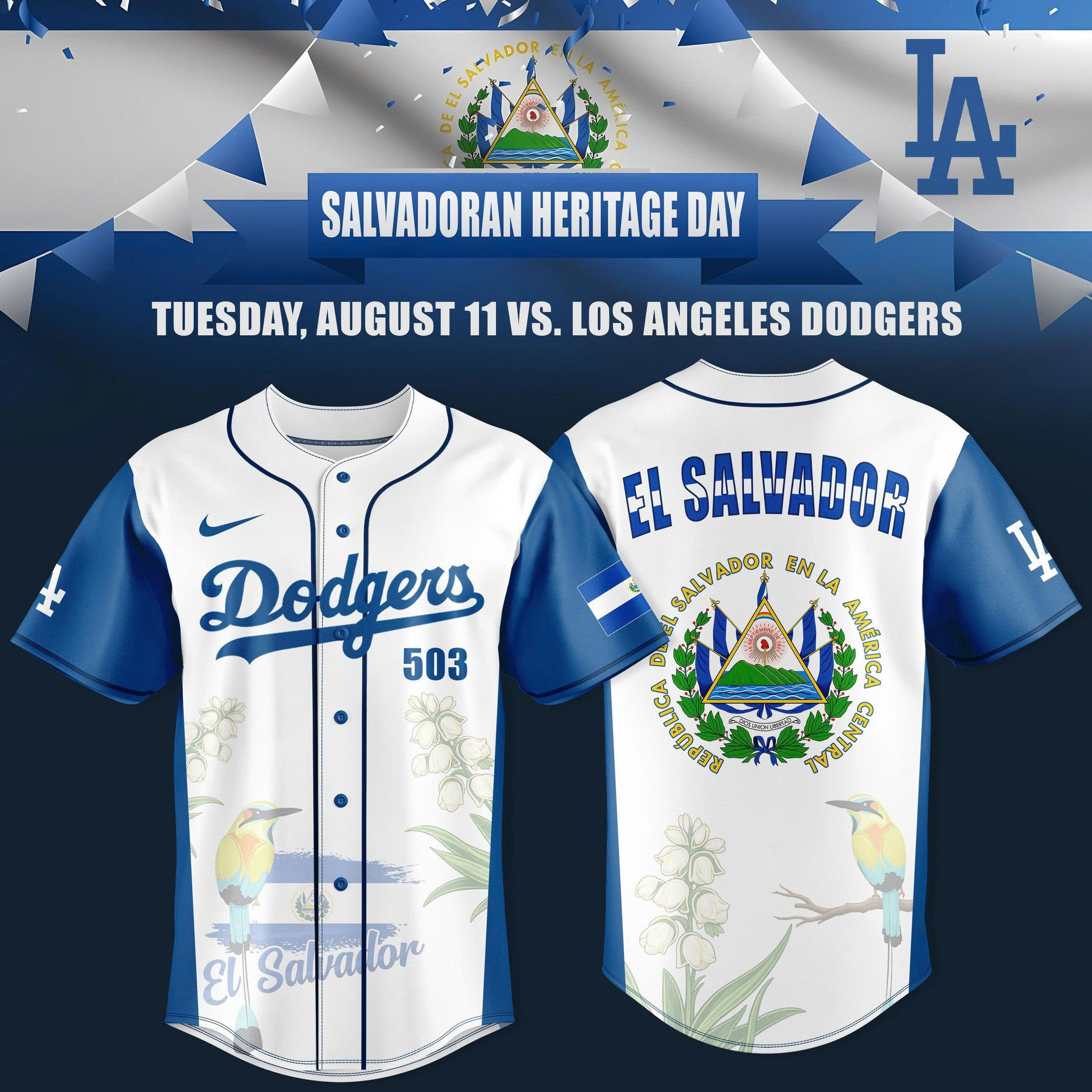 LA Dodgers Salvadoran Heritage Night In LA 2026 Jersey El Salvador Day Merch Gift For Team Spirit LA Dodgers Salvadoran Heritage Night In LA 2026 Jersey El Salvador Day Merch Gift For Team Spirit - Image 1