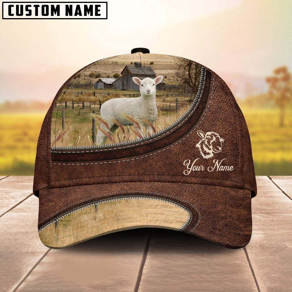 Lambs On The Farm Customized Name Leather Pattern Cap Farm Cap Farmer Baseball Cap Gift For Farmer