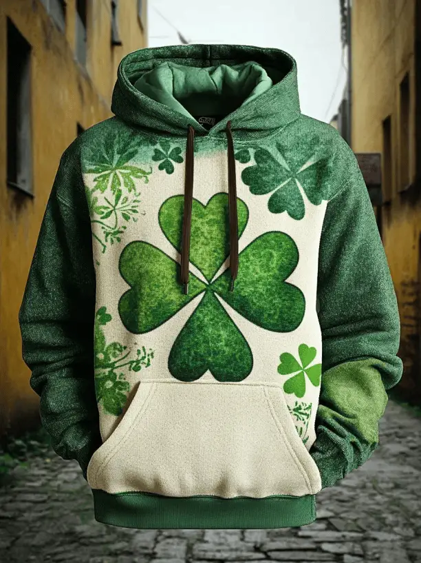 Large Four Leaf Clover Two Tone Hoodie St Patrick's Day Green Cream Botanical Lucky Outfit Large Four Leaf Clover Two Tone Hoodie St Patrick's Day Green Cream Botanical Lucky Outfit - Image 1