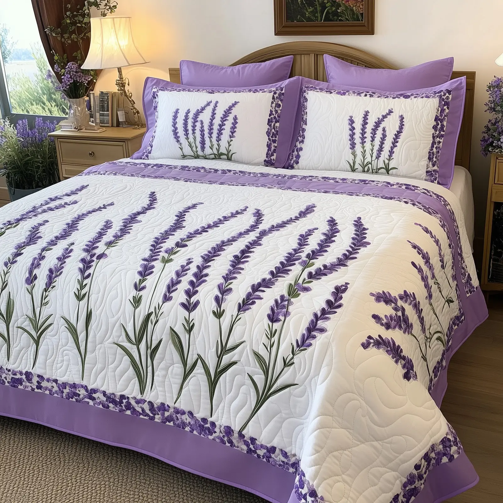 Lavender Charm 3-Piece Quilted Bedding Set Duvet Cover Bedspread Gifts For Flower Lovers