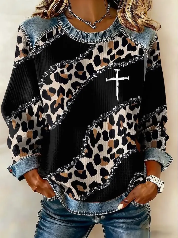 Leopard Cross Sweatshirt Funny Christian Faith Apparel Gift Ideas For Women Leopard Cross Sweatshirt Funny Christian Faith Apparel Gift Ideas For Women - Image 1
