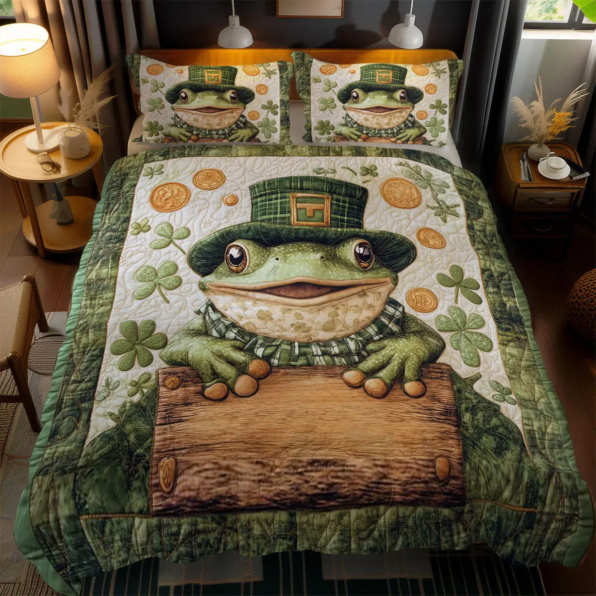 Leprechaun Frog Quilted Bedding Set Home Decor St Patricks Day Gifts For Frog Lovers