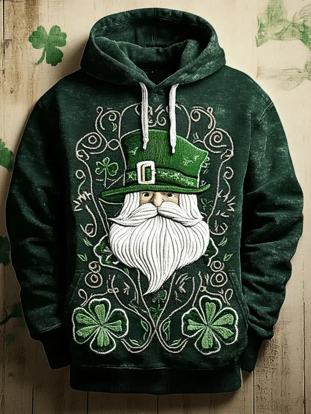 Leprechaun Gnome Embroidered Hoodie St Patrick's Day Dark Green Shamrock Vines Irish Outfit