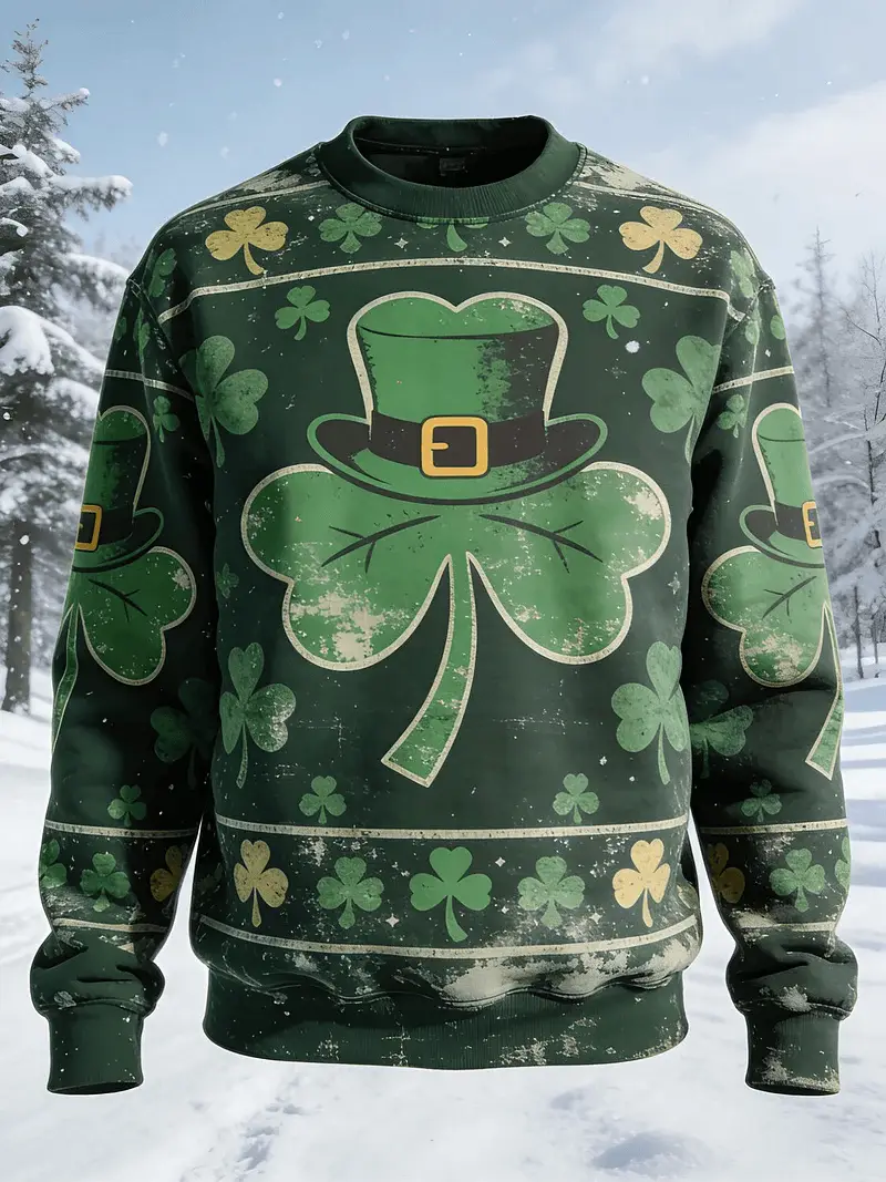 Leprechaun Hat Allover Shamrock Sweatshirt St Patrick's Day Dark Green Distressed Irish Party