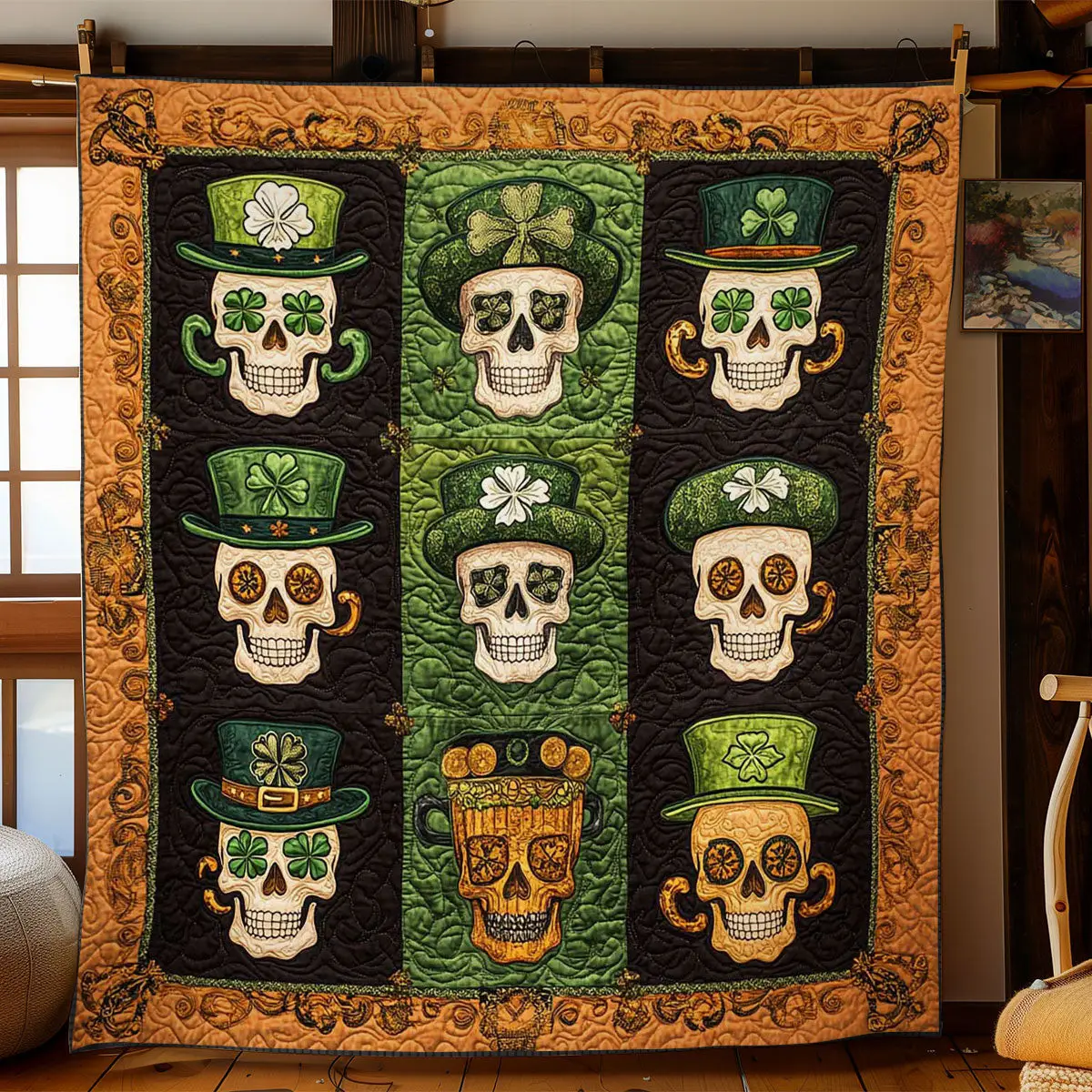 Leprechaun Skull Quilted Blanket Room Accessories St Patrick's Day Celebration Gift Ideas