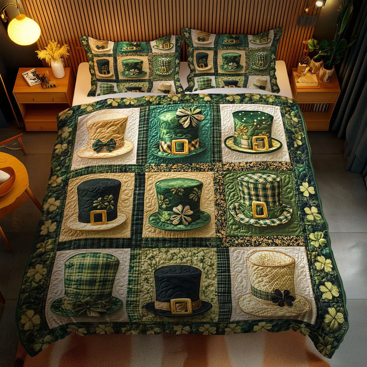 Leprechaun's Lucky Hat Quilted Bedding Set Home Decor St Pats Gifts For Lovers