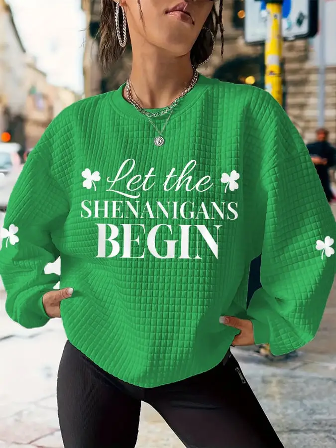 Let The Shenanigans Begin Waffle Sweatshirt Women St Patrick’s Day Apparel Gifts For Sisters Let The Shenanigans Begin Waffle Sweatshirt Women St Patrick’s Day Apparel Gifts For Sisters - Image 1