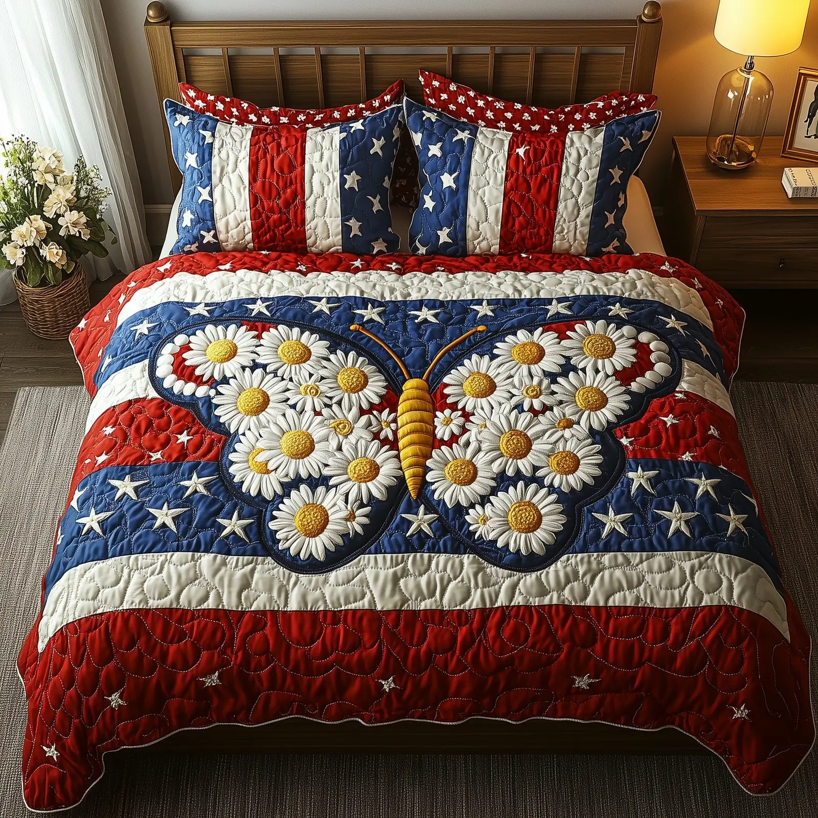 Liberty Butterfly  Quilted Bedding Set  Patriotic Bed Sheet Set Fourth Of July Gifts
