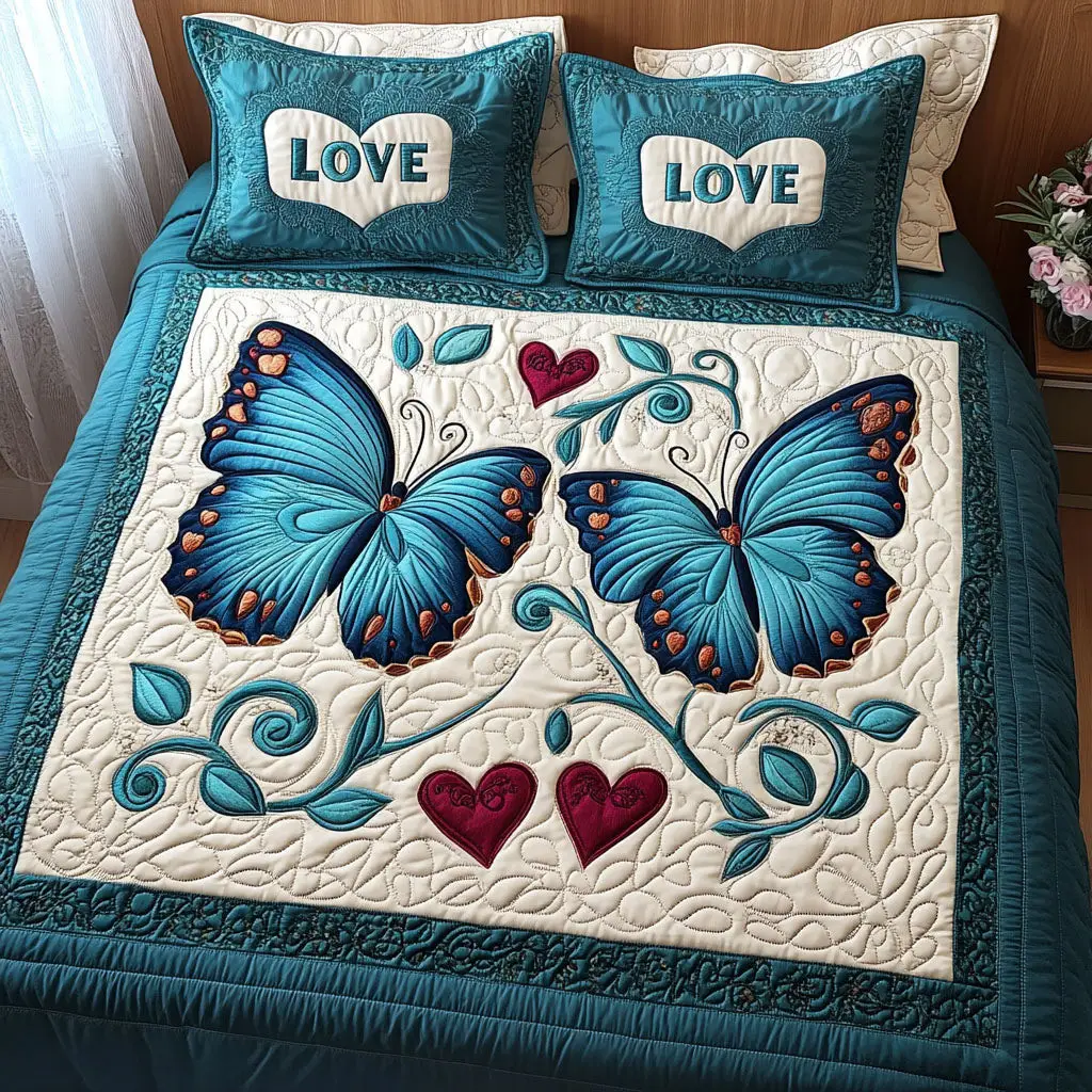 Light as a Feather Love Quilted Bedding Set Butterfly Best Themed Gifts Valentines Holiday