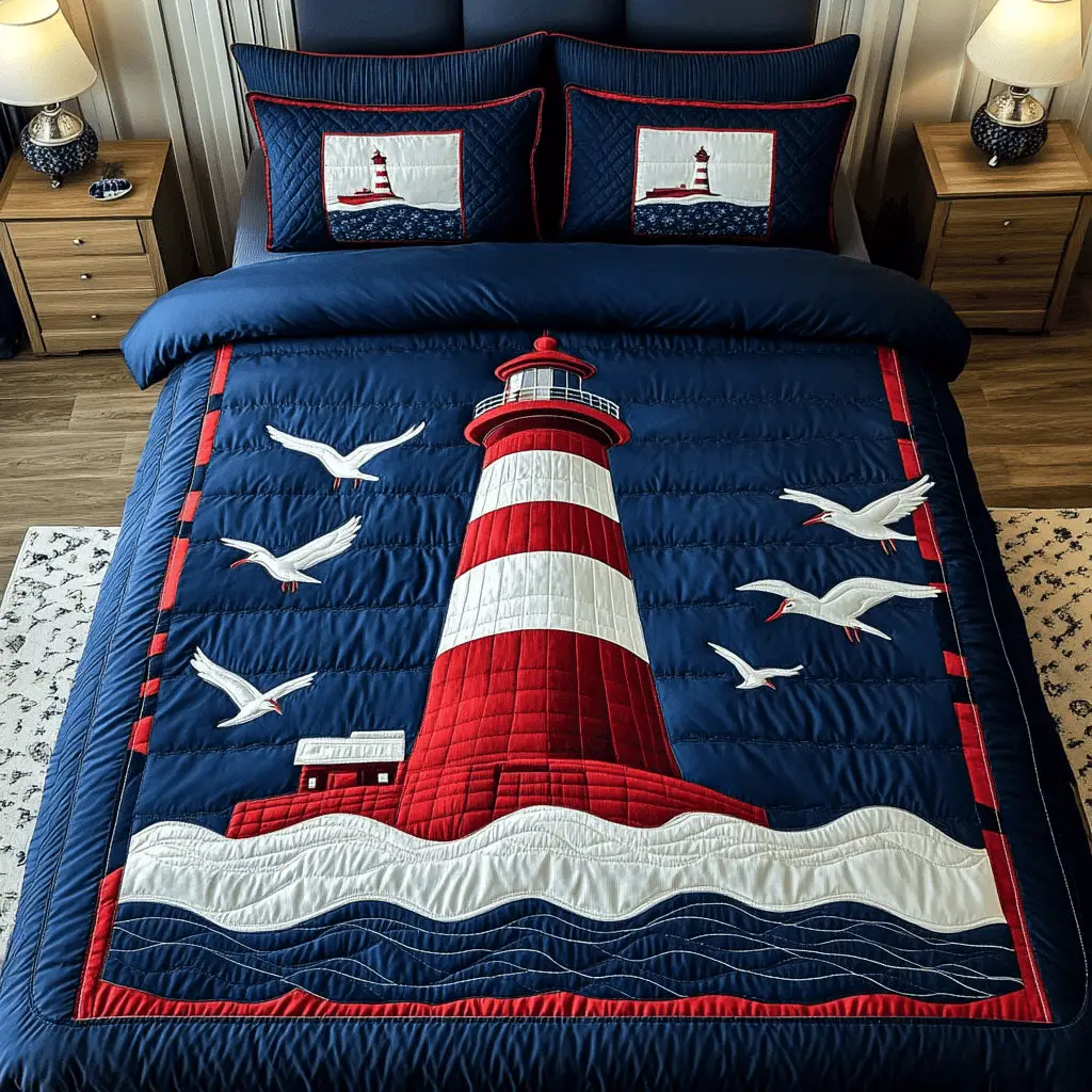 Light House Sunrise Quilt Bedding Set Summer Vibe Duvet Covers Mother's Day Gift For Daughter