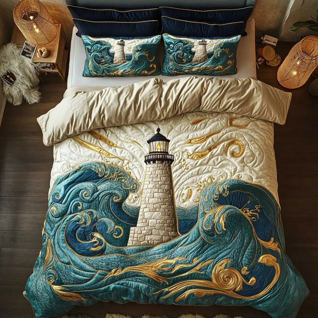 Lighthouse Haven Quilted Bedding Set Duvet Cover Bedspread  Bedroom Decor Gifts For Ladies
