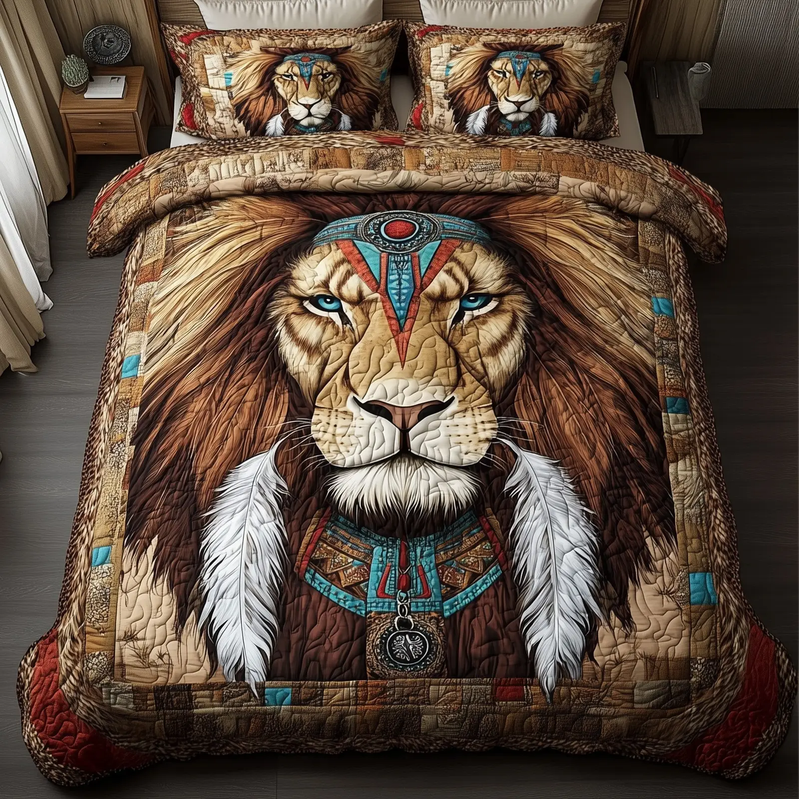Lion Ancient Roar Quilted Bedding Set Duvet Cover Bedspread Native American Gifts