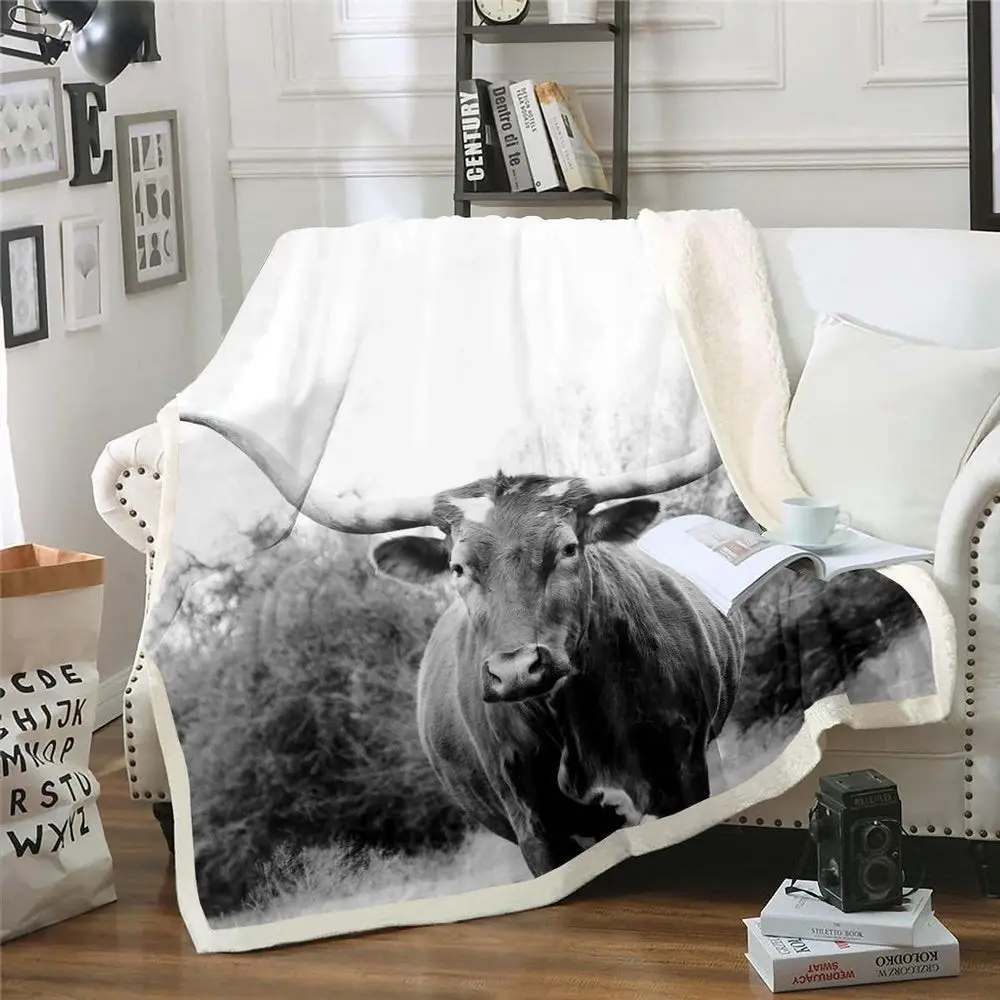 Longhorn Grey Cattle 3D Printed Blanket Farm Blanket Gift For Farmer