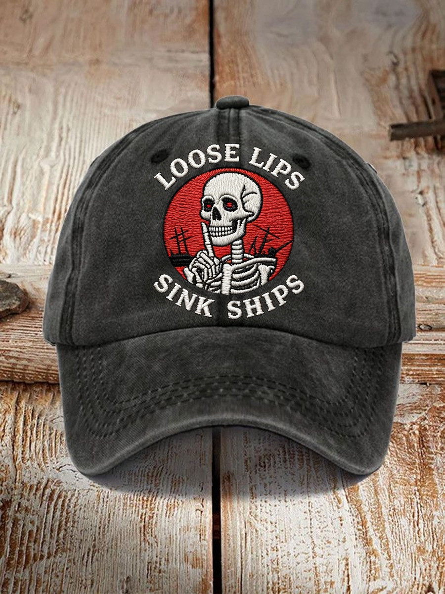 Loose Lips Sink Ships Vintage Hat Skeleton Shh Baseball Cap Unique Gifts Ideas
