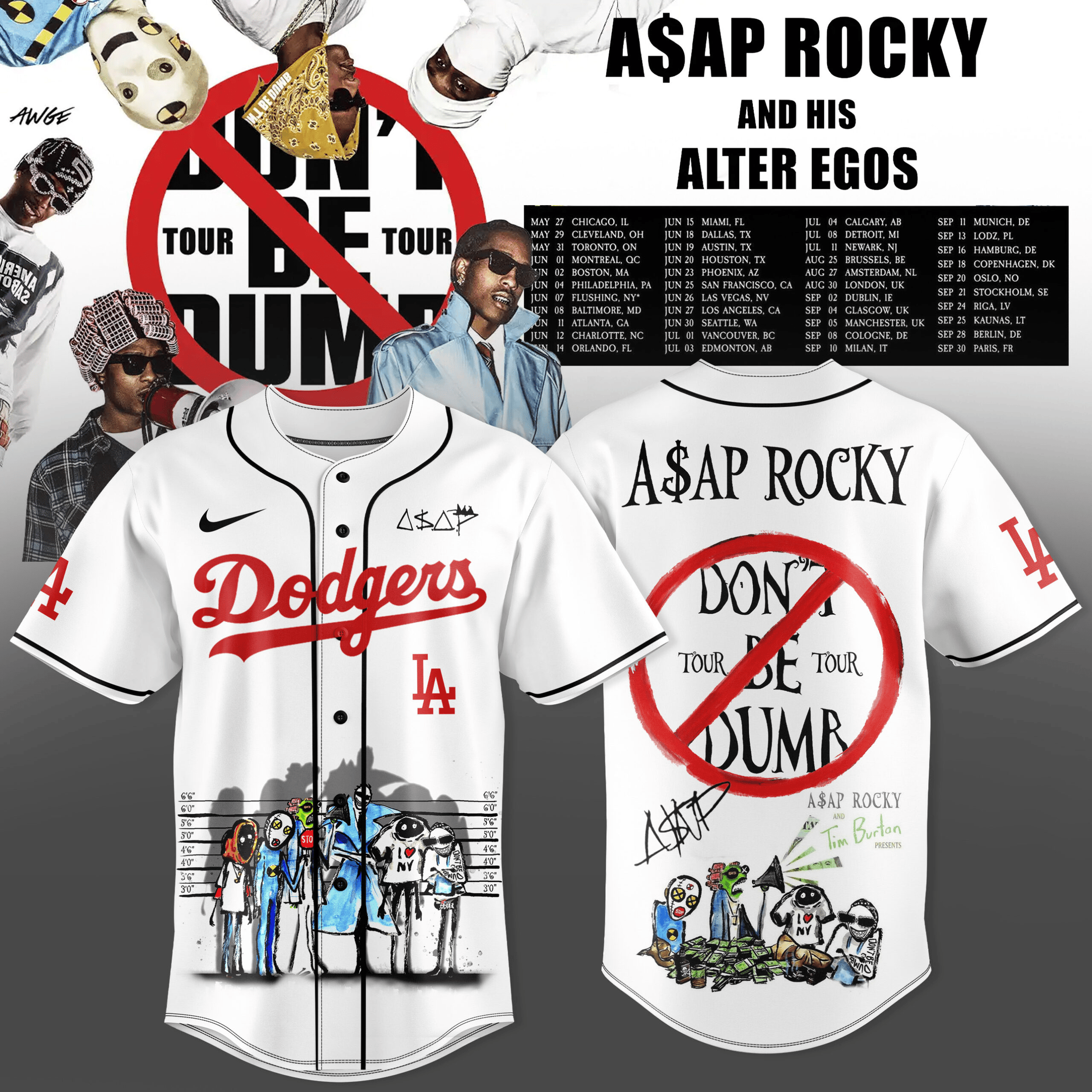 Los Angeles Dodgers x Asap Rocky Jersey Don't Be Dumb World Tour 2026 Merch Gift