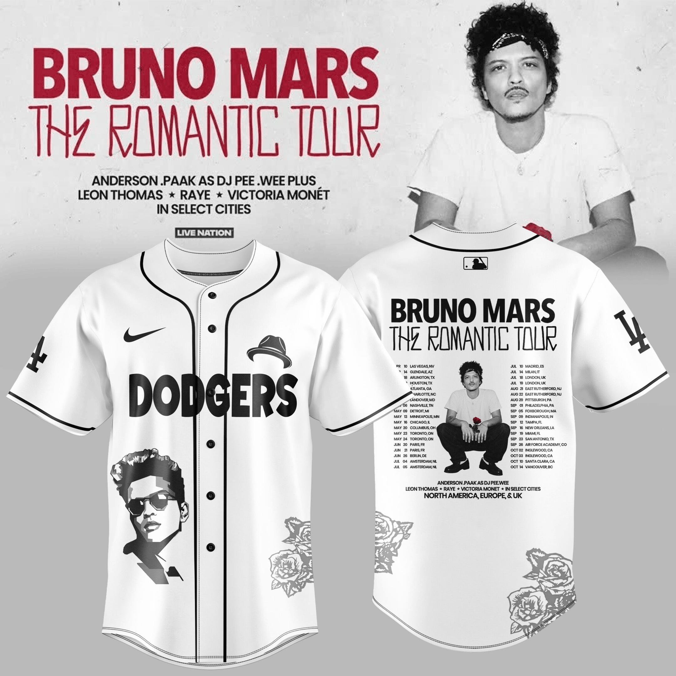 Los Angeles Dodgers x Bruno Mars Jersey The Romantic Tour 2026 Merch Bruno Fans Gift