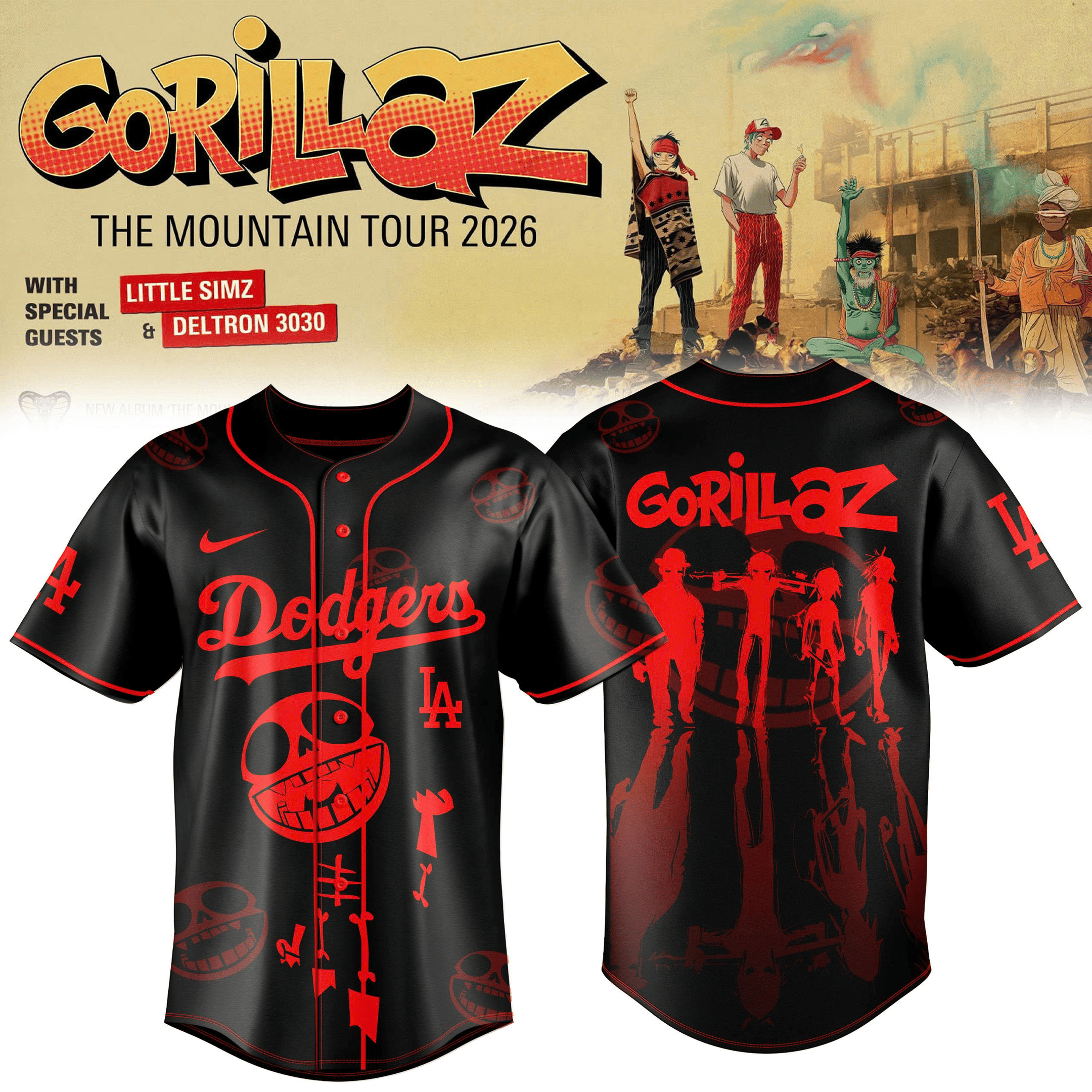 Los Angeles Dodgers x Gorillaz Jersey The Mountain Tour 2026 North America Merch