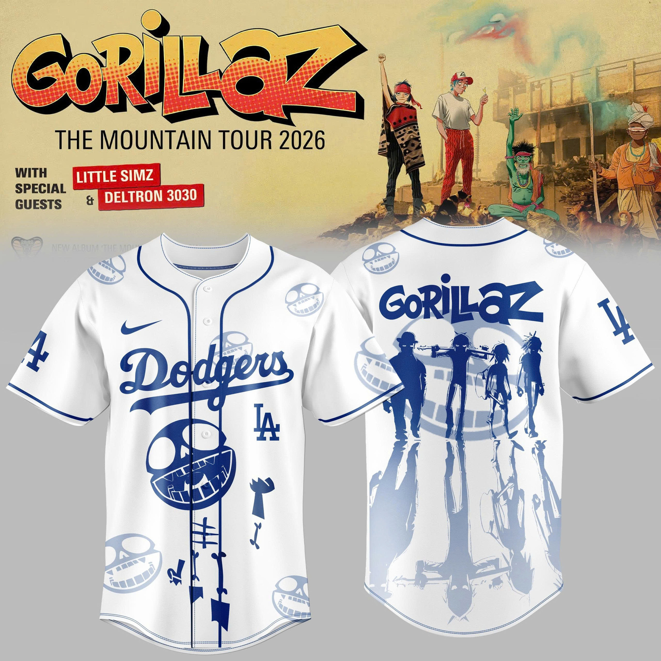 Los Angeles Dodgers X Gorillaz Merch The Mountain Tour 2026 North America Baseball Jersey Gift Ideas Los Angeles Dodgers X Gorillaz Merch The Mountain Tour 2026 North America Baseball Jersey Gift Ideas - Image 1