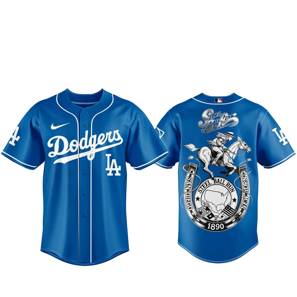Los Angeles Dodgers x Steel Ball Run 2026 Baseball Jersey Version 1 Los Angeles Dodgers x Steel Ball Run 2026 Baseball Jersey Version 1 - Image 1