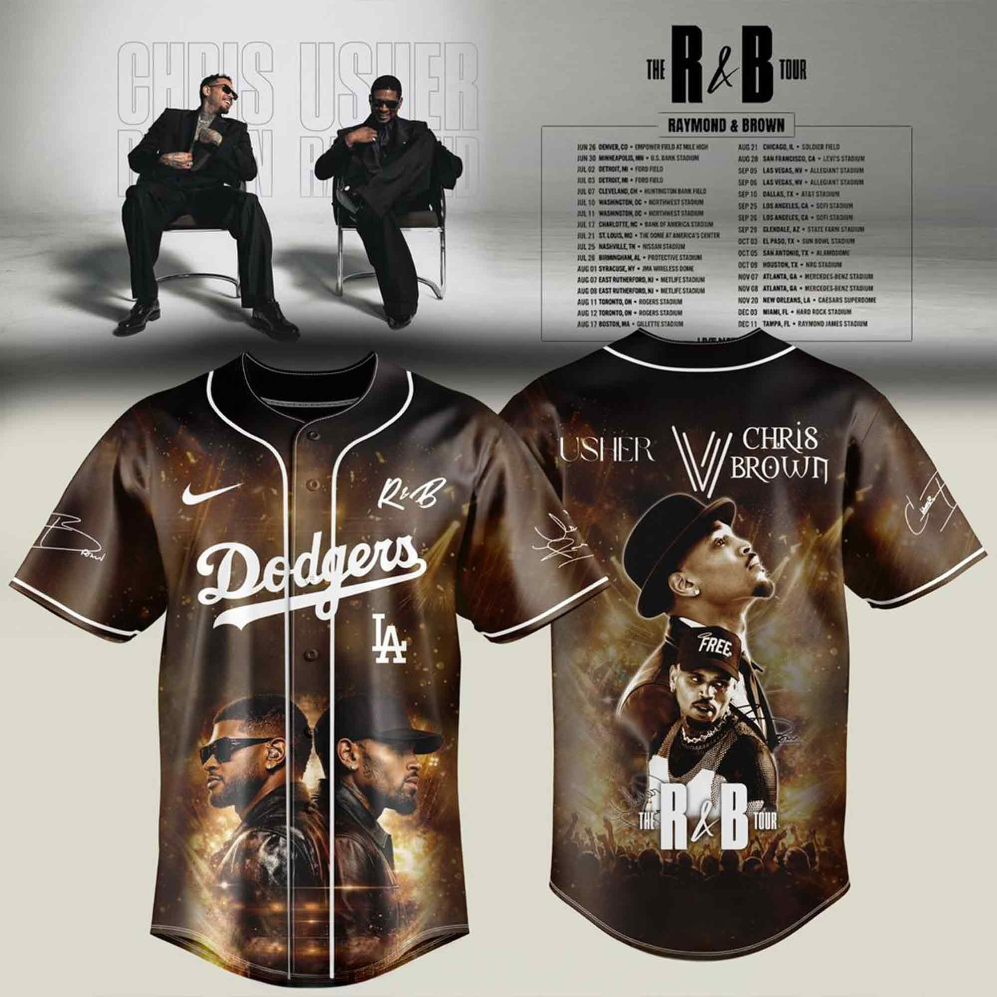 Los Angeles Dodgers x Usher and Chris Brown R&B Tour 2026 Baseball Jersey Fans Gift