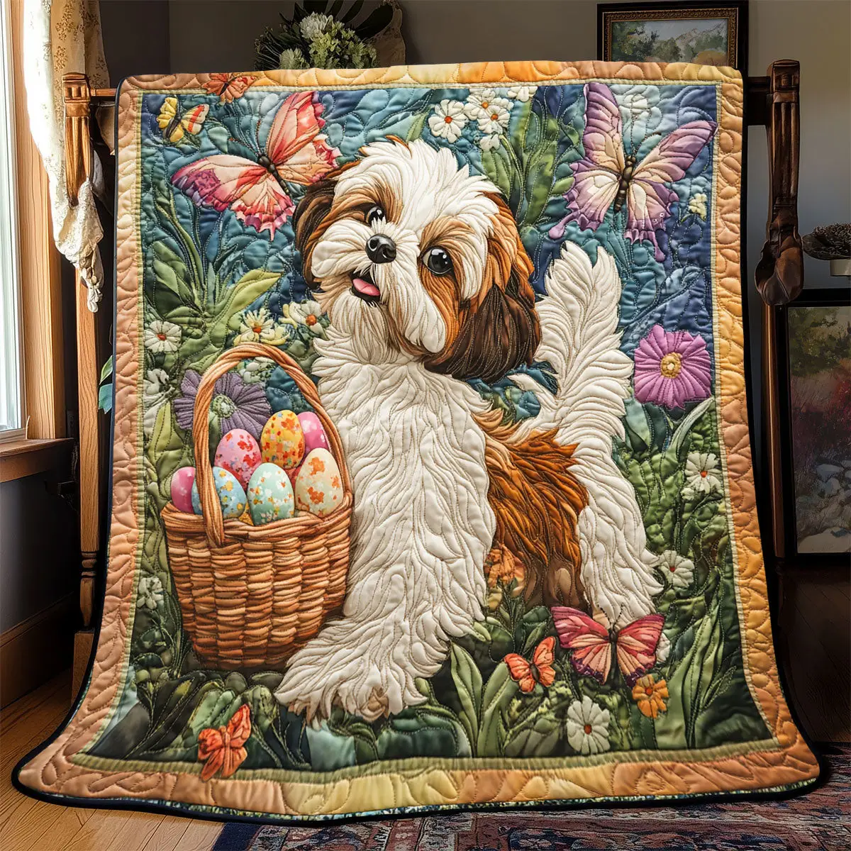 Lovable Shih Tzu Portrait Quilt Blanket Fluffy Throw Blanket Bright Gifts For Dog Lovers