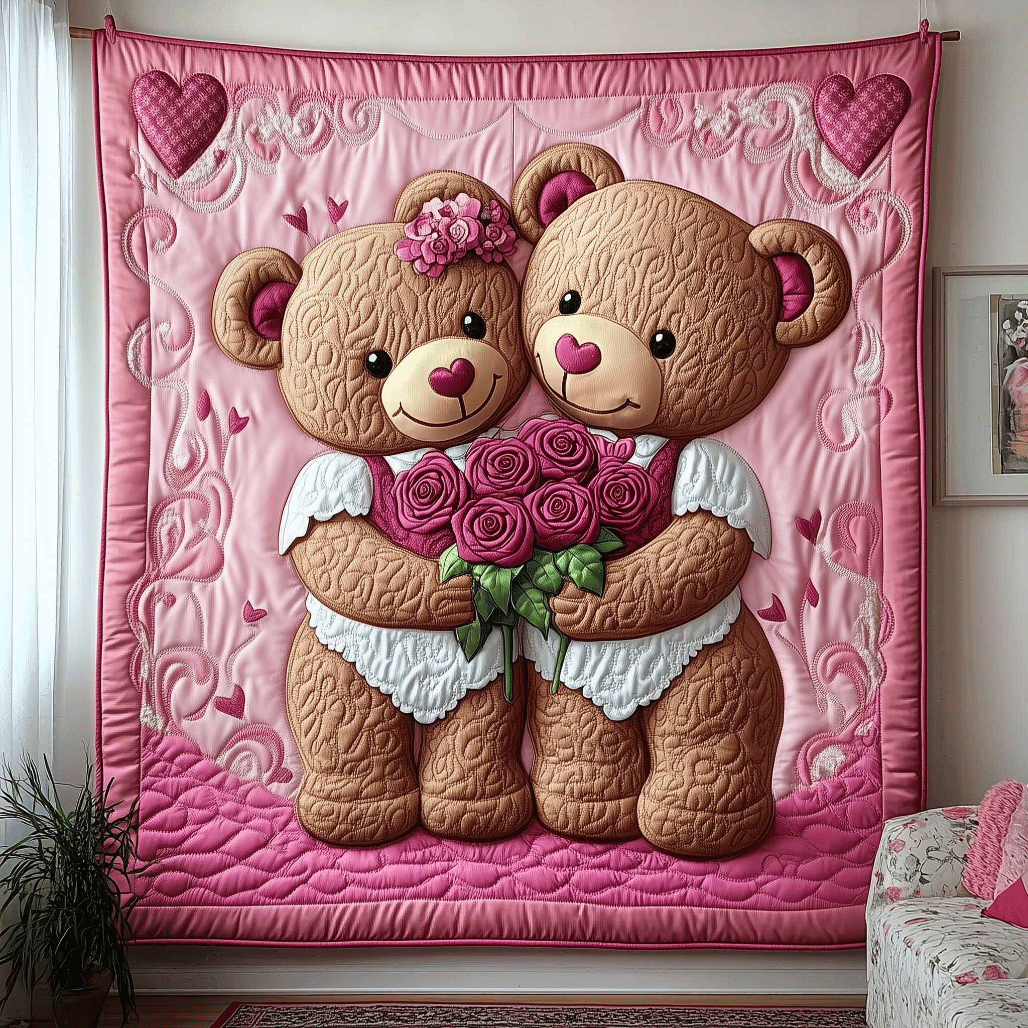 Love Bear Couple Quilted Blanket Room Accessories Unique Valentines Gifts For Bear Lovers