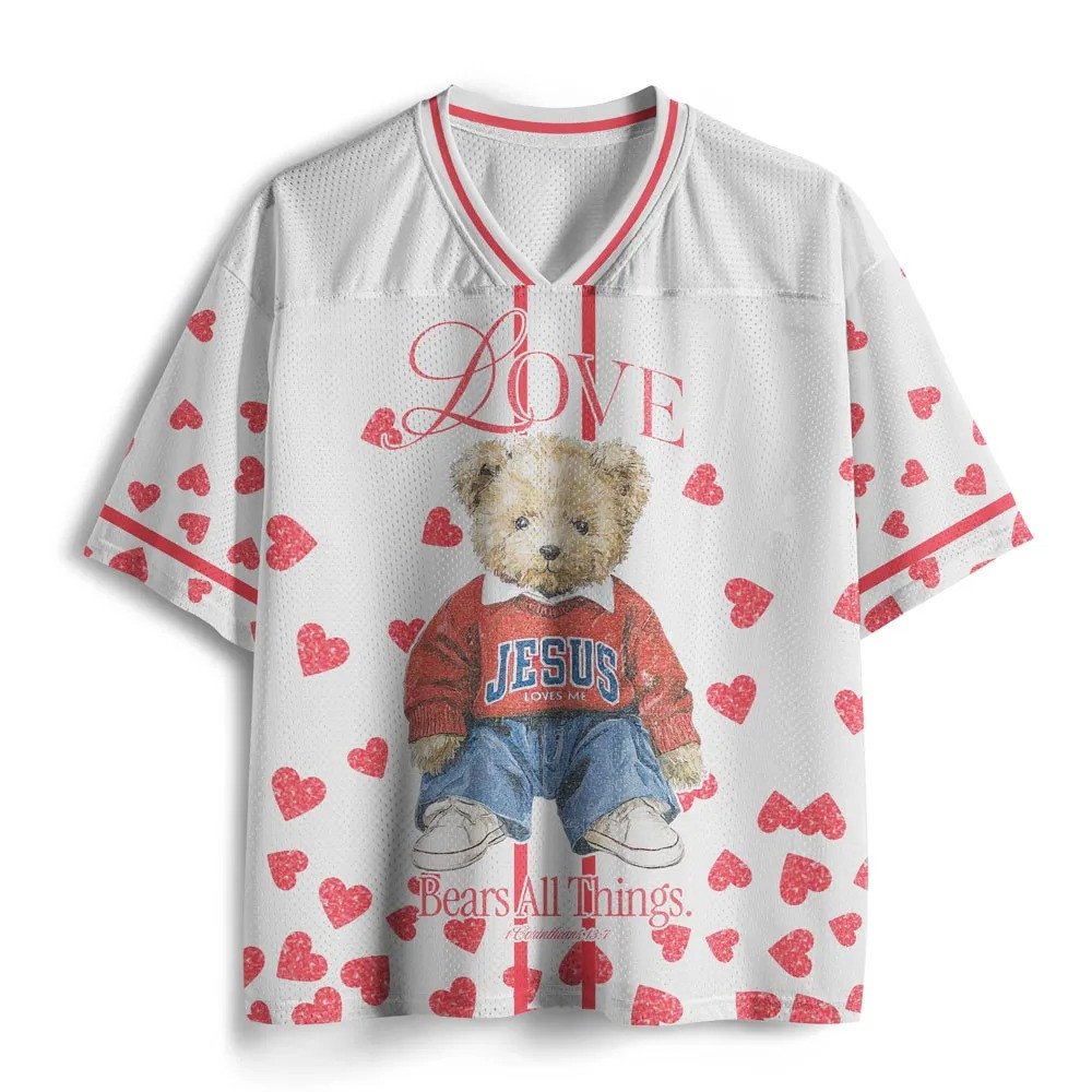 Love Bears All Things Christian Graphic Mesh Jersey Shirt Jesus Loves Me Bear Best Gift For Her Love Bears All Things Christian Graphic Mesh Jersey Shirt Jesus Loves Me Bear Best Gift For Her - Image 1