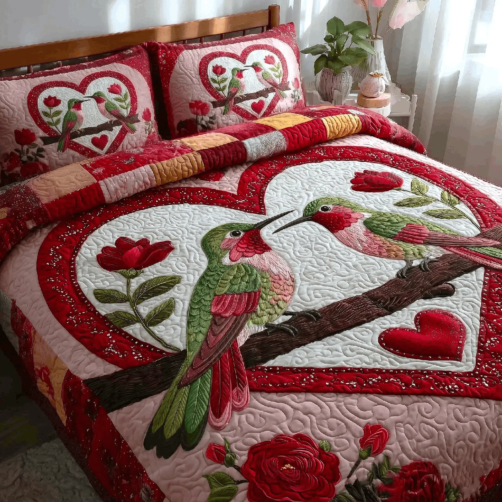 Love Bird Quilt Bedding Set Floral Duvet Cover For Valentine Day