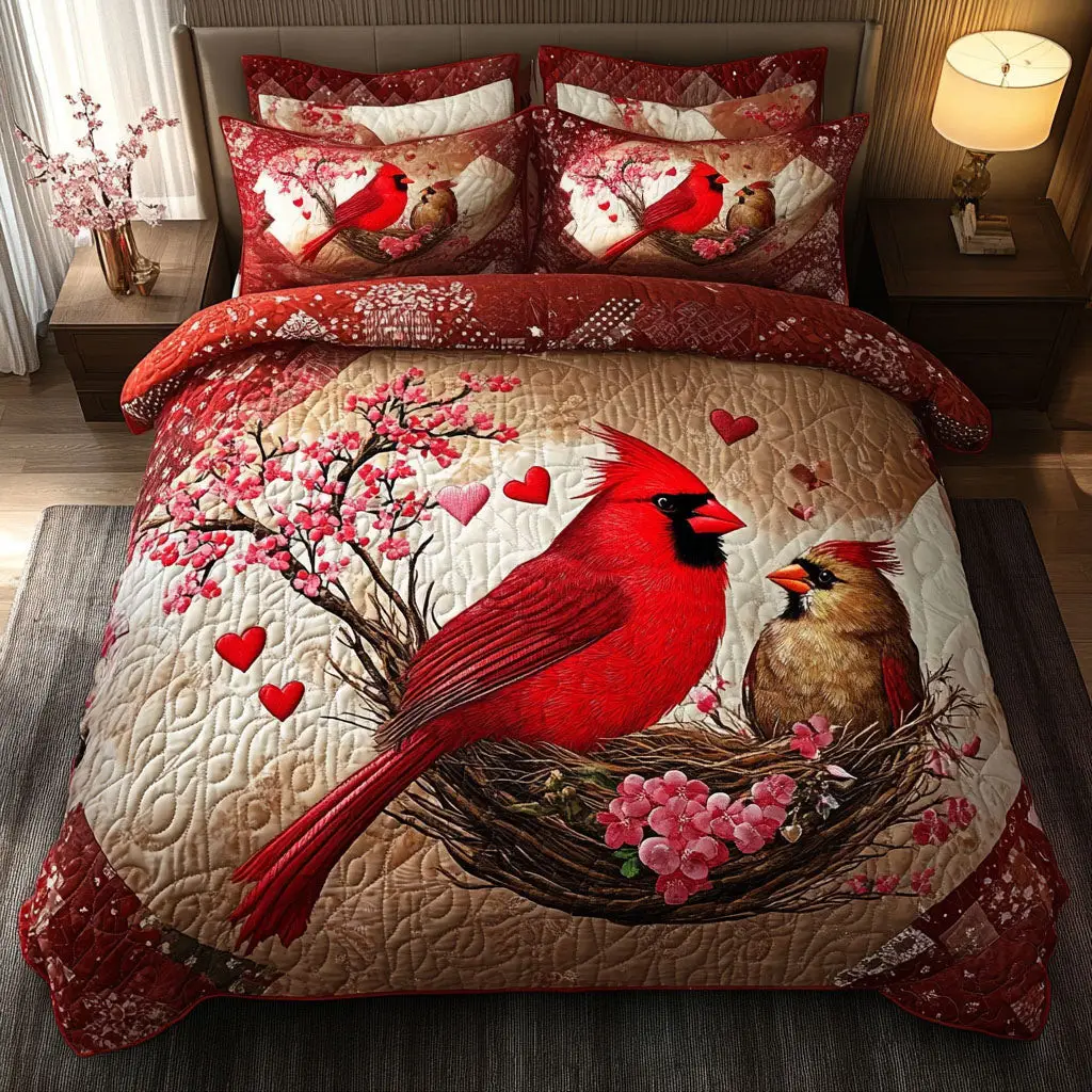 Love Perch Quilted Bedding Set Bed Decor Ideas Red Cardinal Gift Items Love Perch Quilted Bedding Set Bed Decor Ideas Red Cardinal Gift Items - Image 1