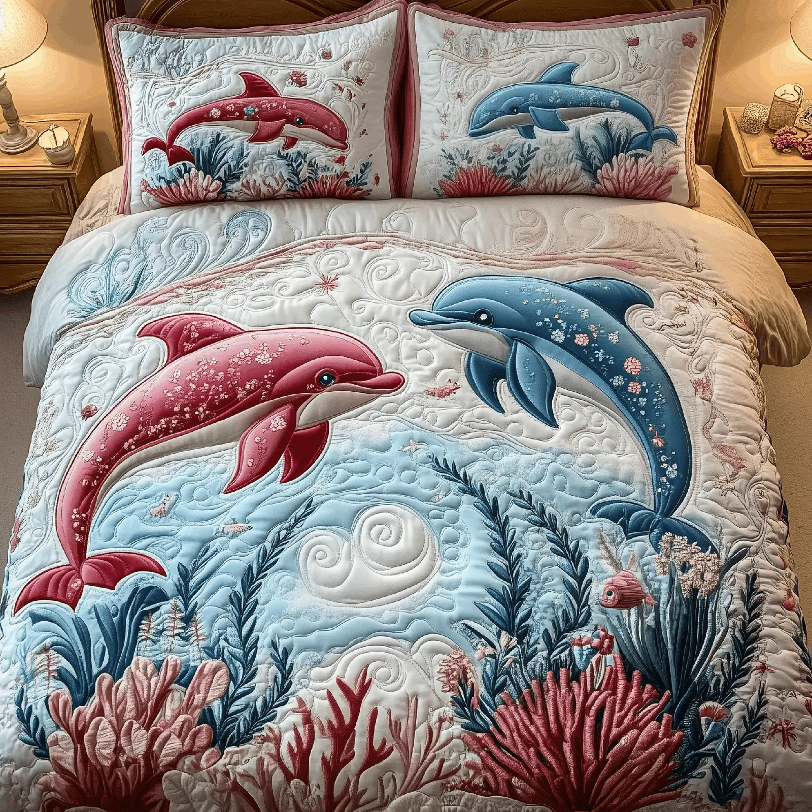 Lovely Dolphin Couple Quilted Bedding Set Bedroom Decorations Valentine Gift For Wife