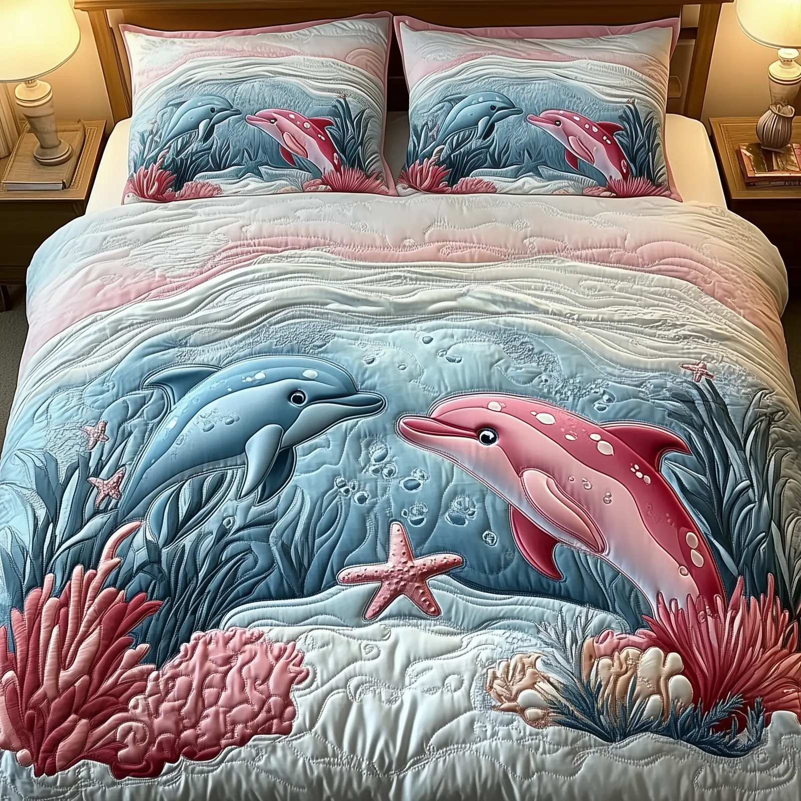 Lovely Dolphin Couple Quilted Bedding Set Chic Home Decor Unique Valentine's Day Ideas Lovely Dolphin Couple Quilted Bedding Set Chic Home Decor Unique Valentine's Day Ideas - Image 1