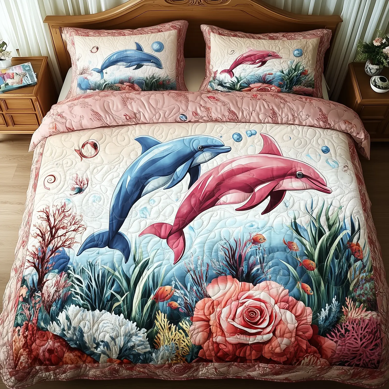 Lovely Dolphin Couple Quilted Bedding Set Luxury Home Decor Valentines Gift For Husband