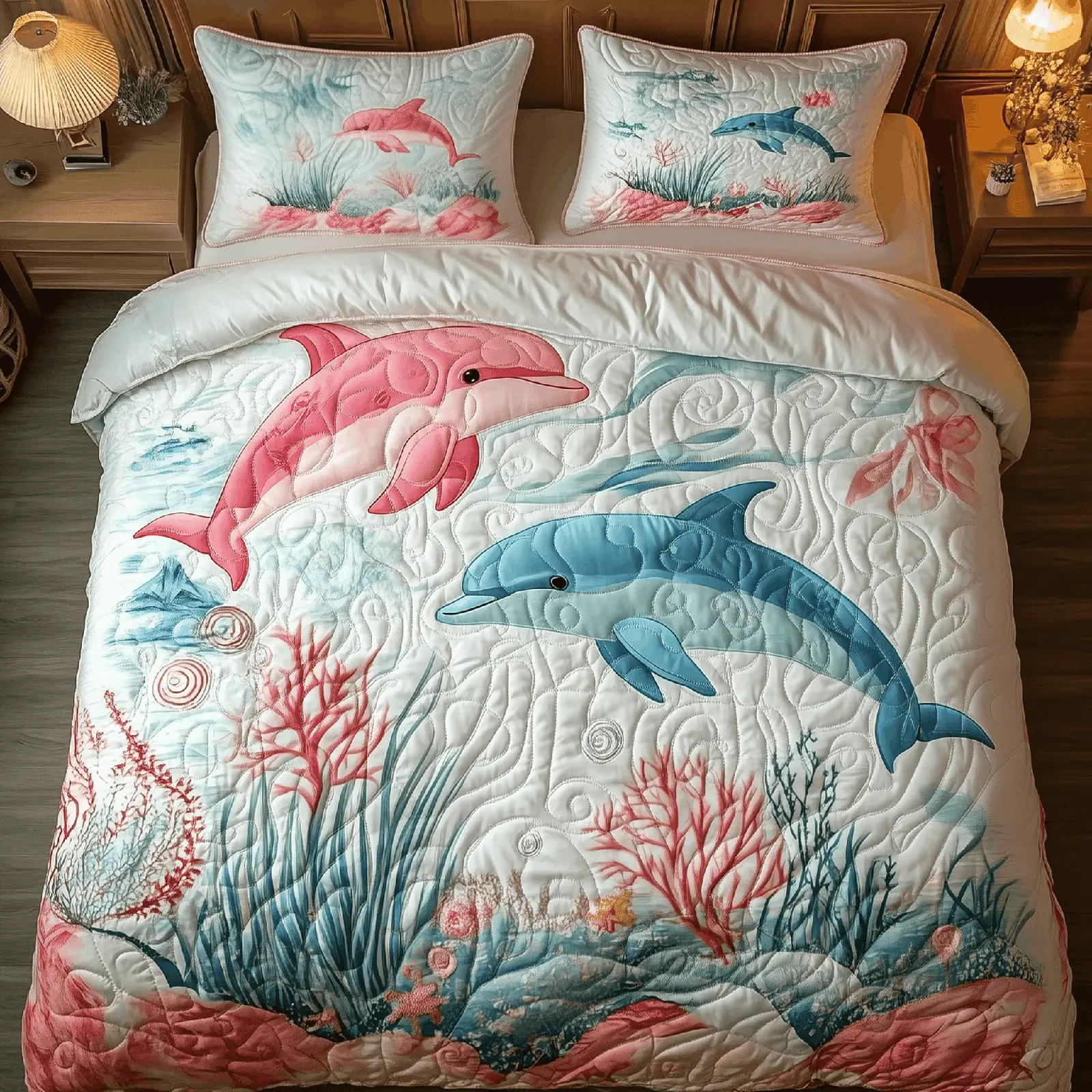 Lovely Dolphin Couple Quilted Bedding Set Modern Home Decor Valentine's Day Gifts Idea