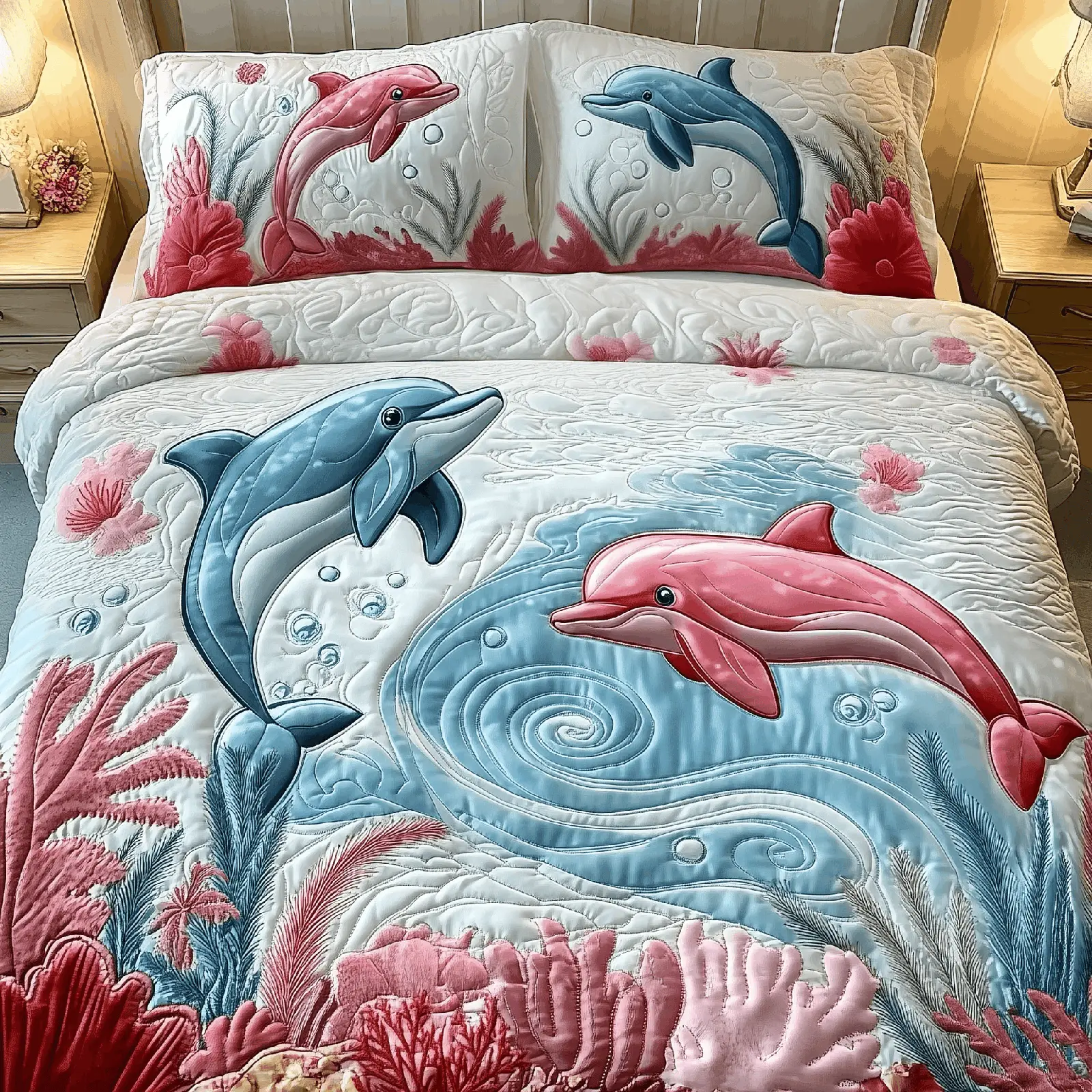 Lovely Dolphin Couple Quilted Bedding Set Room Decor Ideas First Valentine Gift For Girlfriend
