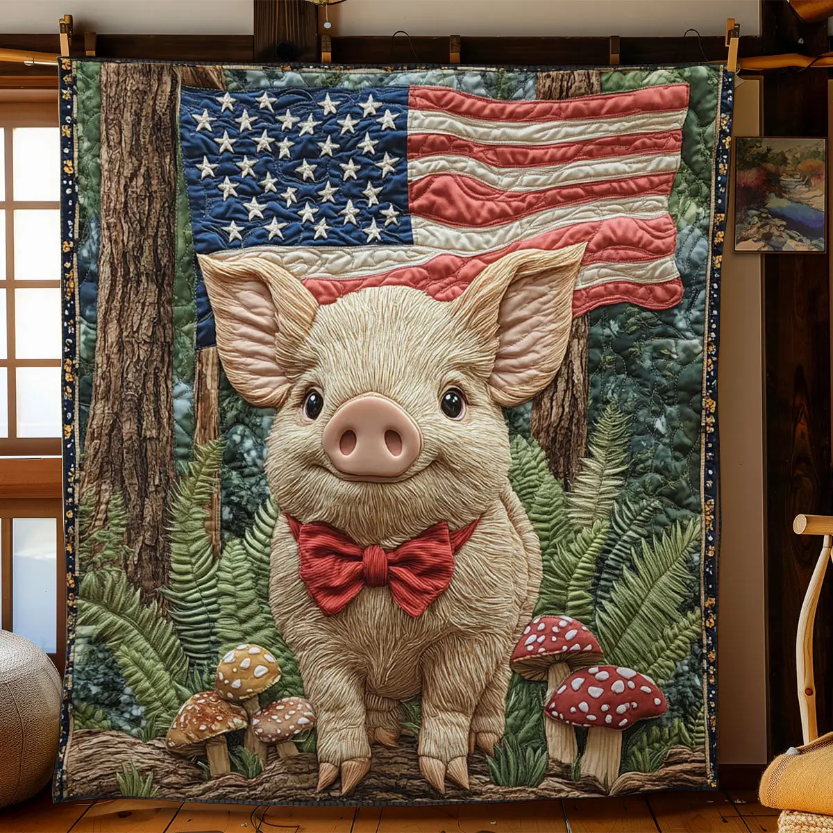 Lovely Piggy US Flag Quilt Blanket Fluffy Throw Blanket Cozy Gifts For Piggy Lovers