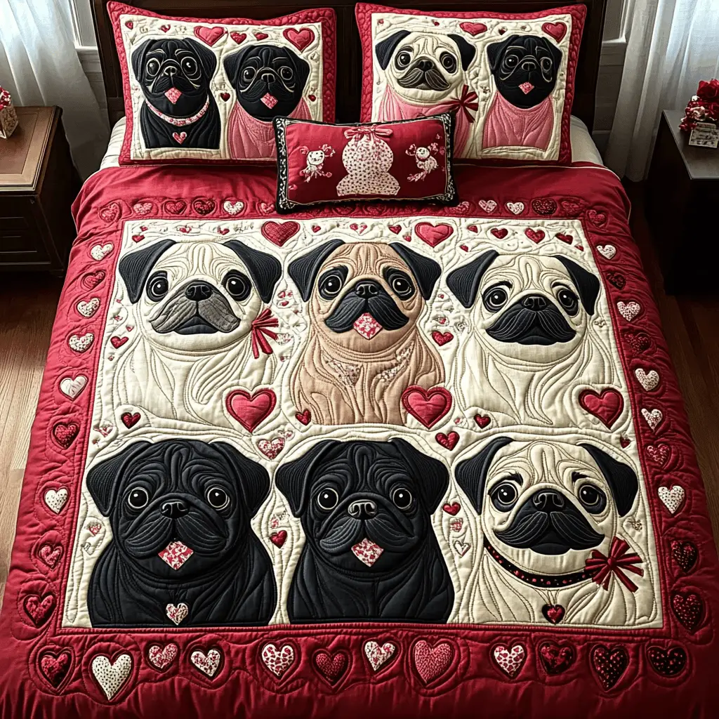 Lovely Pug Quilted Bedding Set Pug Dog Cute Aesthetic Best Valentines Room Ideas For Dad