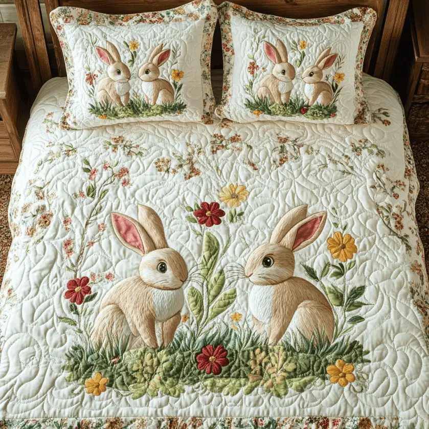 Lovely Rabbits Quilted Bedding Set Duvet Cover Bedspread Present Ideas For Her
